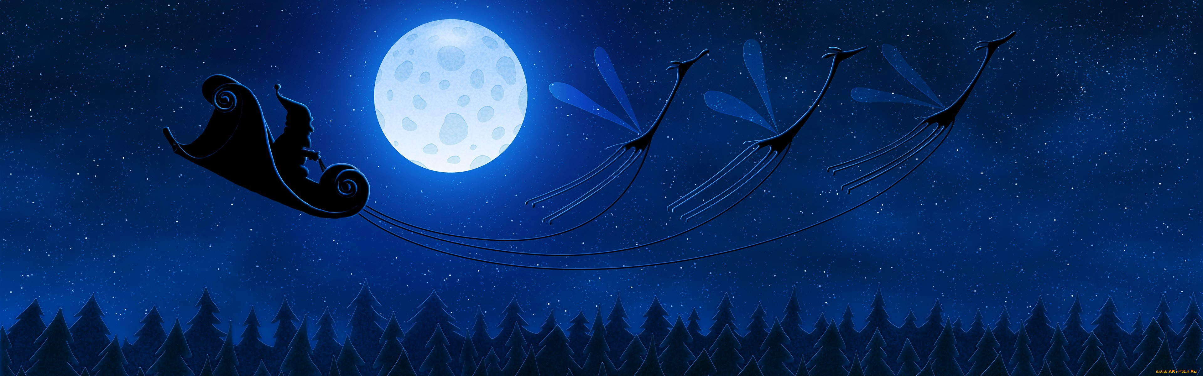 рисованное, vladstudio, сани, санта, клаус, жирафы, крылья, звезды, луна, лес