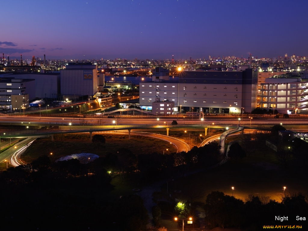 города, огни, ночного, kanagawa, japan