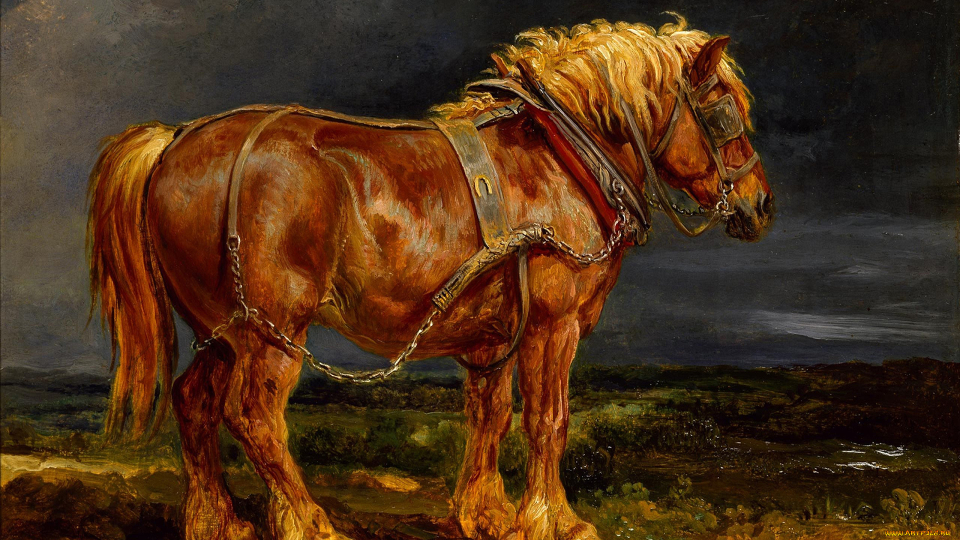 рисованные, животные, лошади, рыжий, тучи, сбруя, лошадь