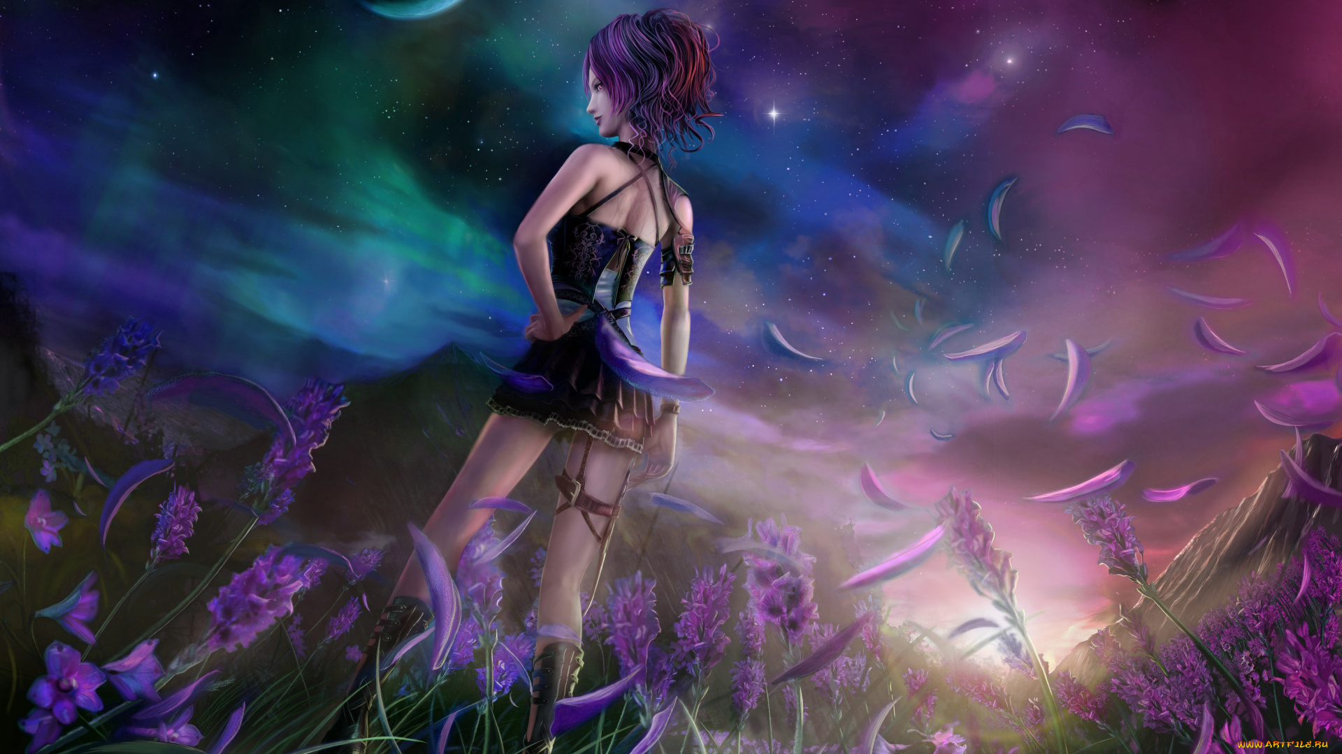 аниме, *unknown, другое, цветы, девушка, луна, рассвет, лепестки, поле