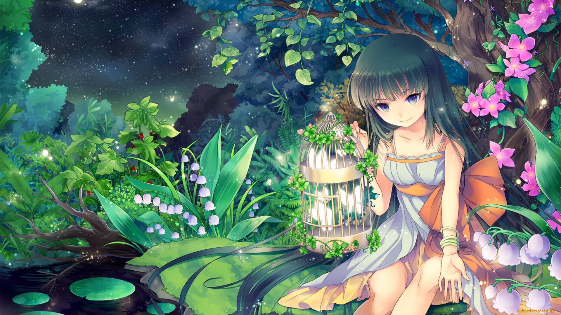 аниме, *unknown, другое, ландыши, цветы, девочка, клетка, лес