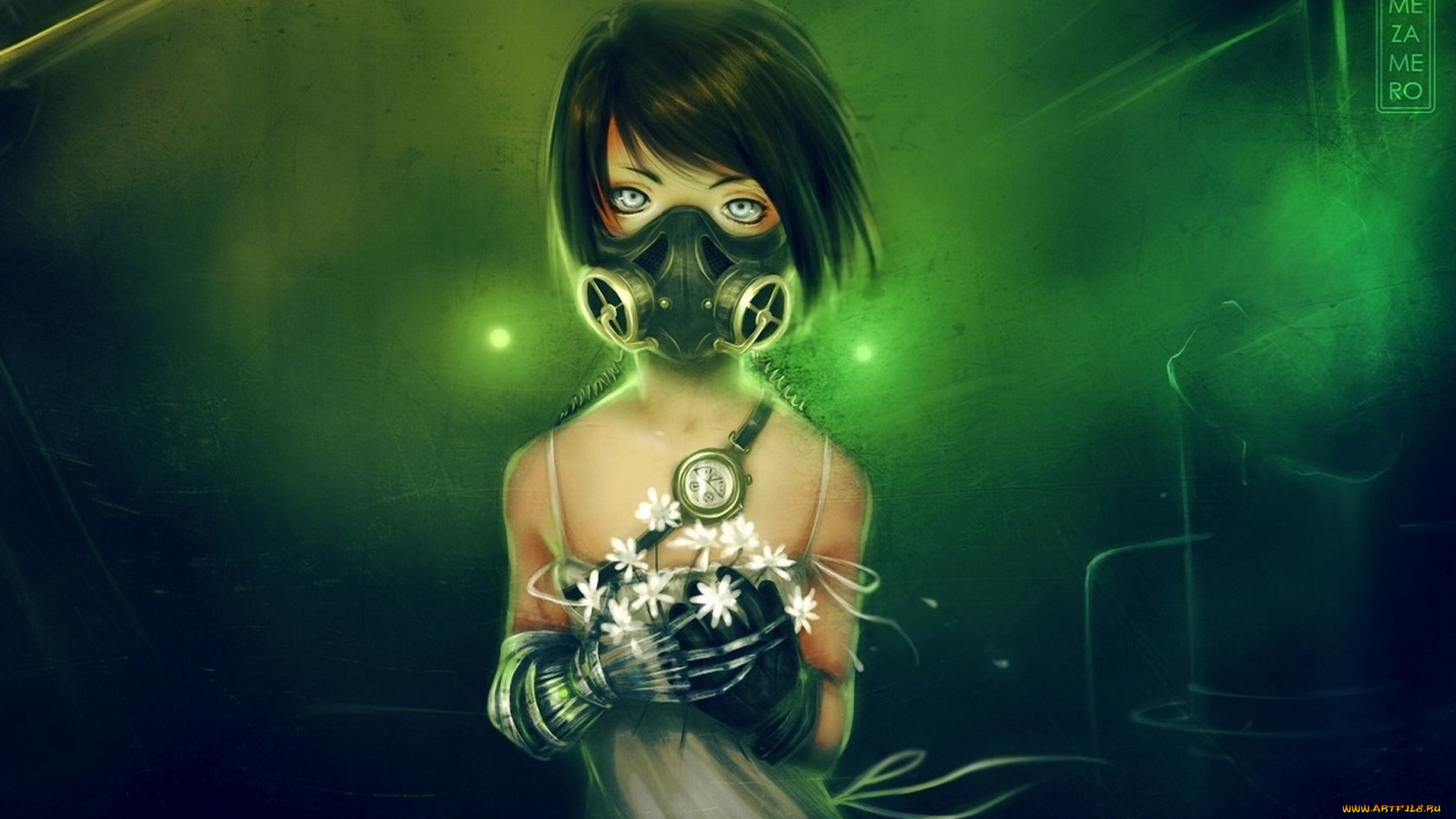 аниме, weapon, blood, technology, девочка, противогаз, цветы