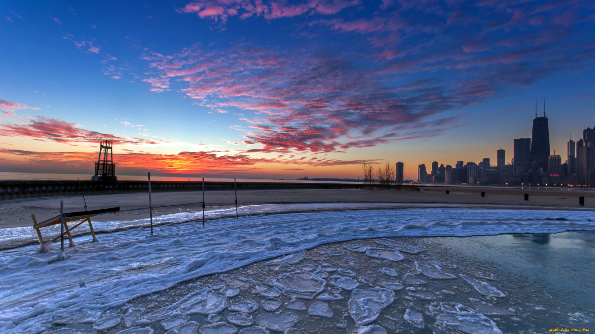 chicago, города, Чикаго, сша, лёд, закат