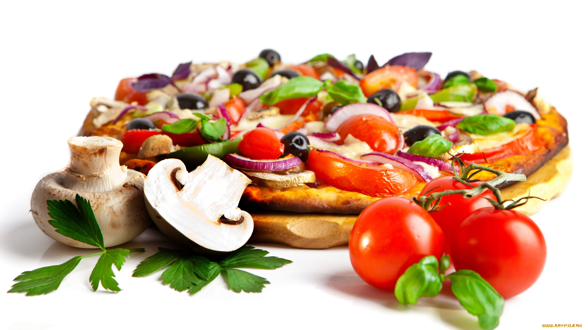 еда, пицца, грибы, помидоры, томты
