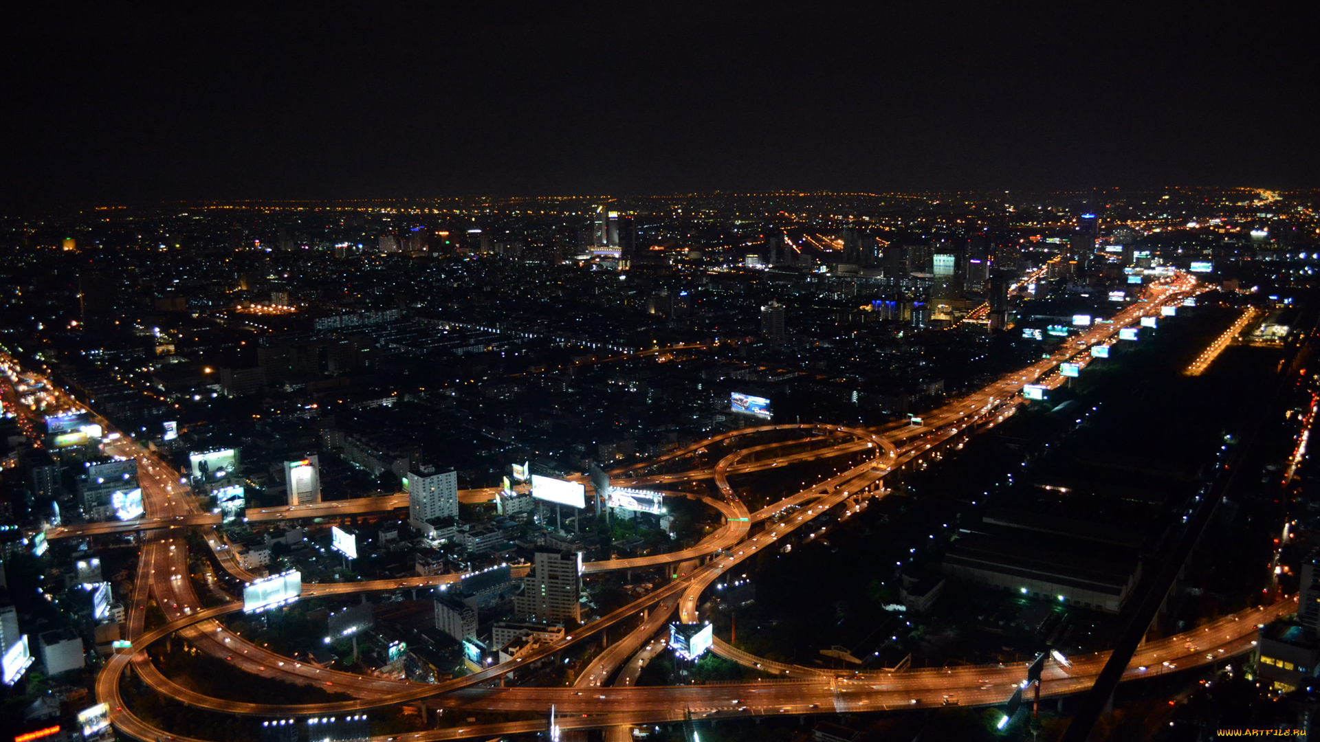 города, бангкок, таиланд, магистраль, развязки, огни, город, ночь
