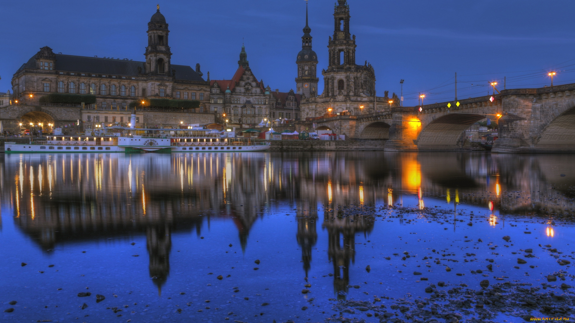 города, дрезден, германия, ночь, река, отражение