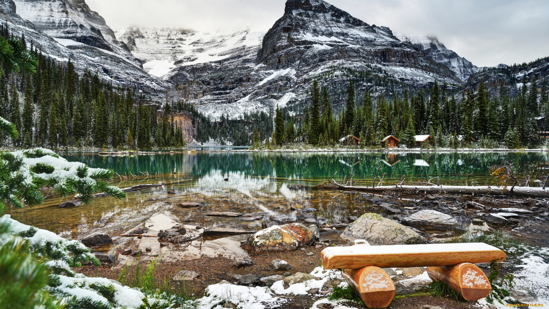 lake, o`hara, yoho, national, park, canada, природа, реки, озера, лес, ели, горы, снег, ohara, канада, озеро, скамейка