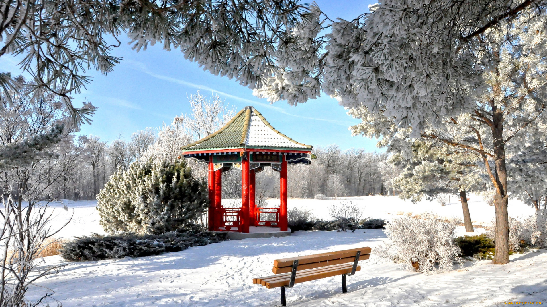 природа, зима, снег, беседка, деревья