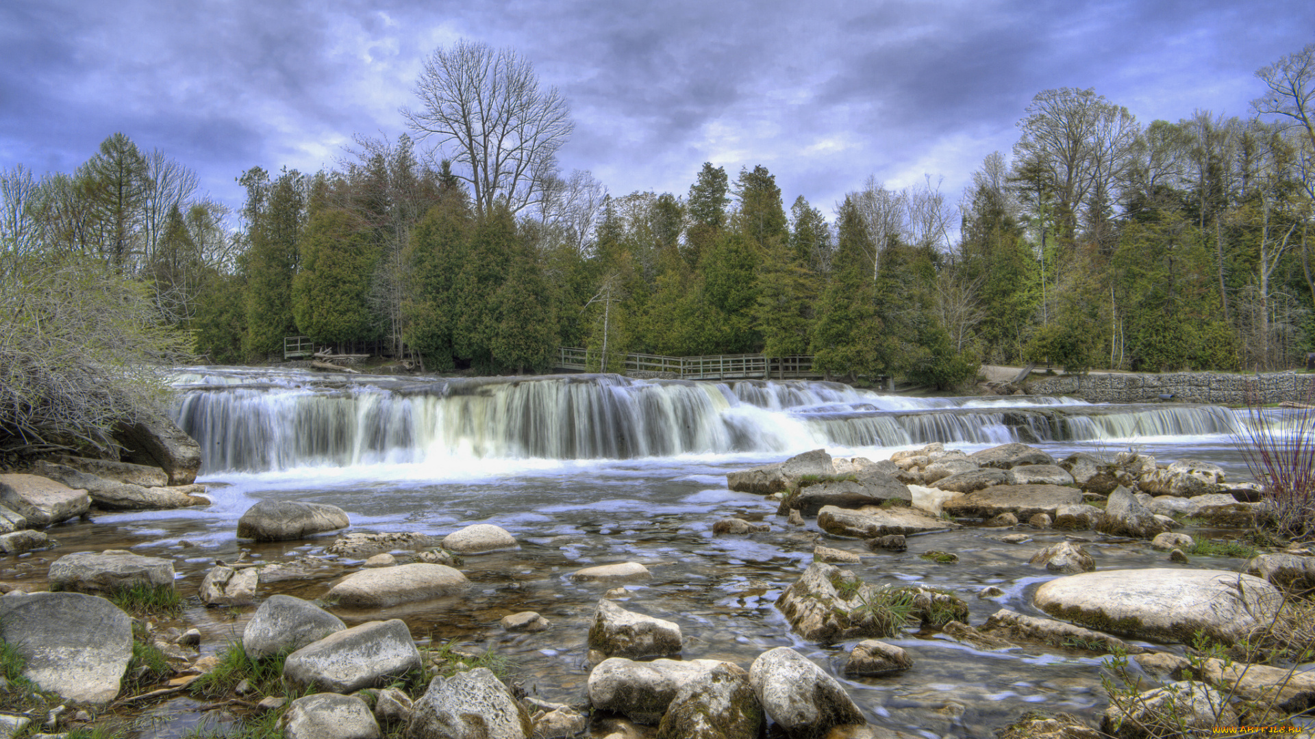 sauble, falls, природа, водопады, лес, каскад, деревья, камни, река