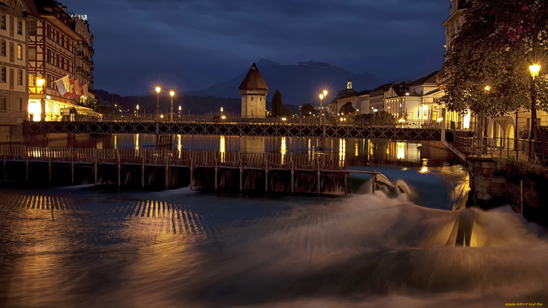 швейцария, люцерн, города, огни, ночного, дома, река, ночь