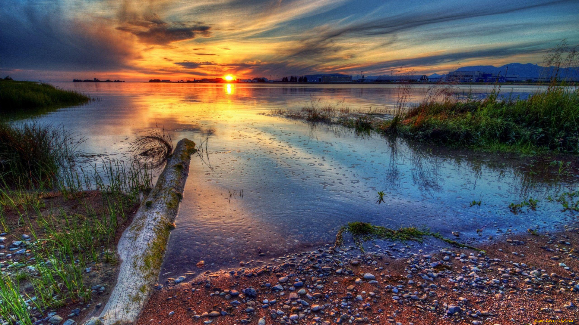 sunset, природа, восходы, закаты, озеро, солнце, тучи, трава, бревно