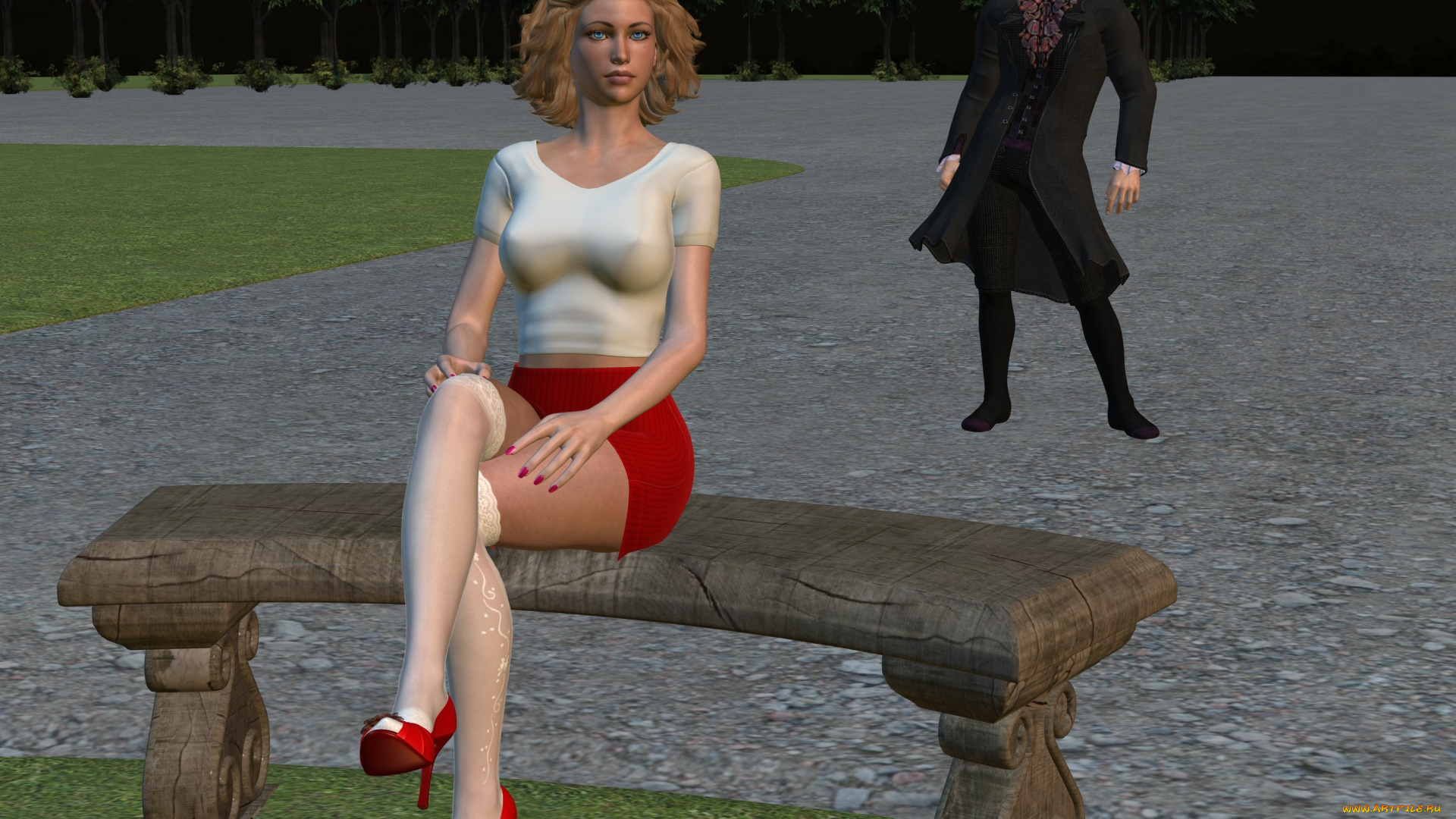 3д, графика, people, , люди, скамейка, девушка, парень