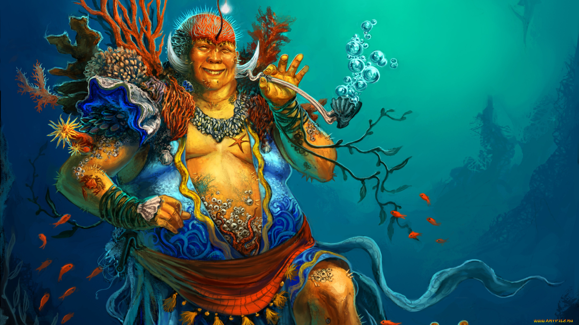фэнтези, существа, вода, пузыри, кораллы, ракушки