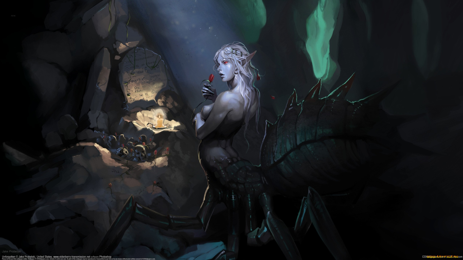 jake, probelski, фэнтези, существа, пещера, черепа, паучиха, девушка, jake, probelski