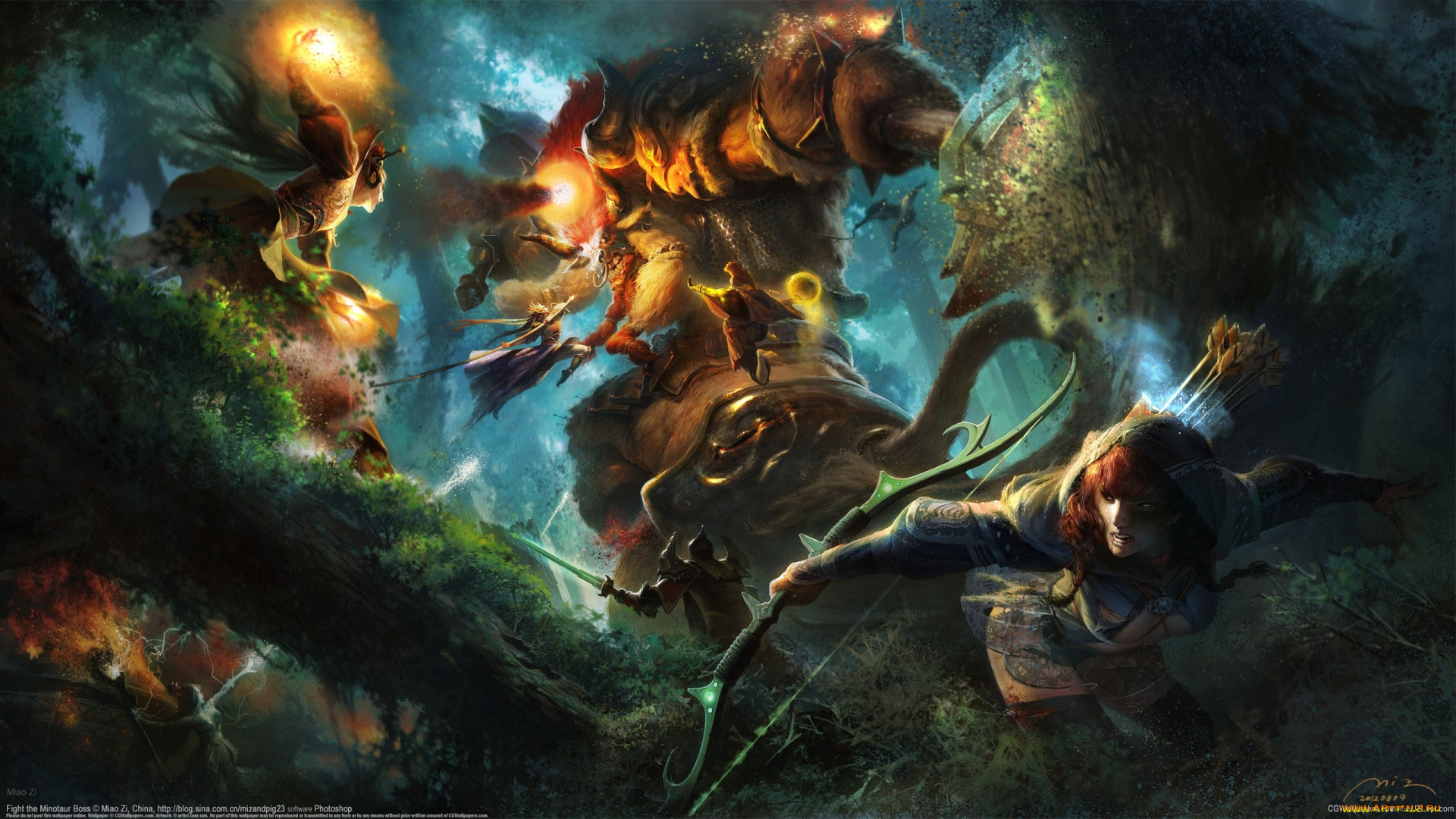 miao, zi, фэнтези, красавицы, и, чудовища, магия, чудовище, сражение, монстр, девушки, miao, zi, лук