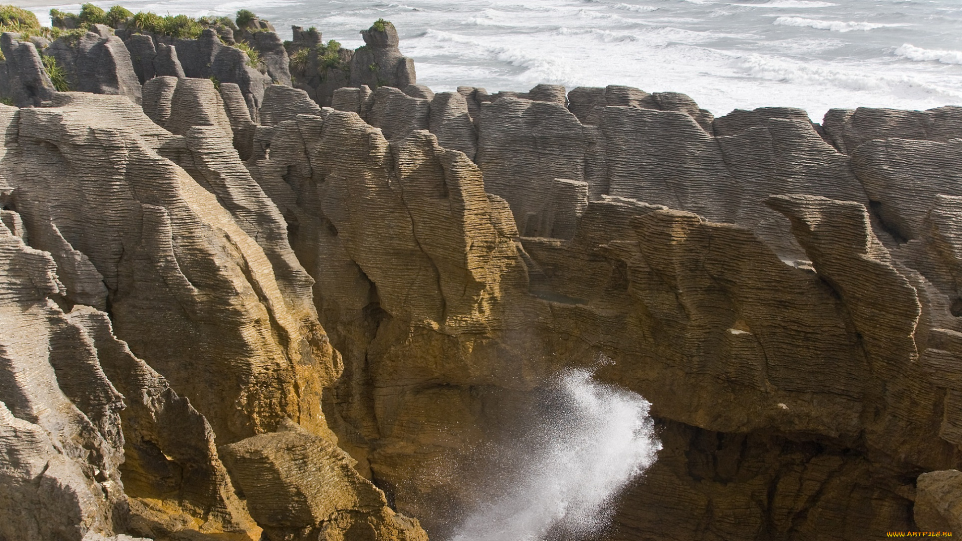 природа, горы, вода, небо, брызги, скалы