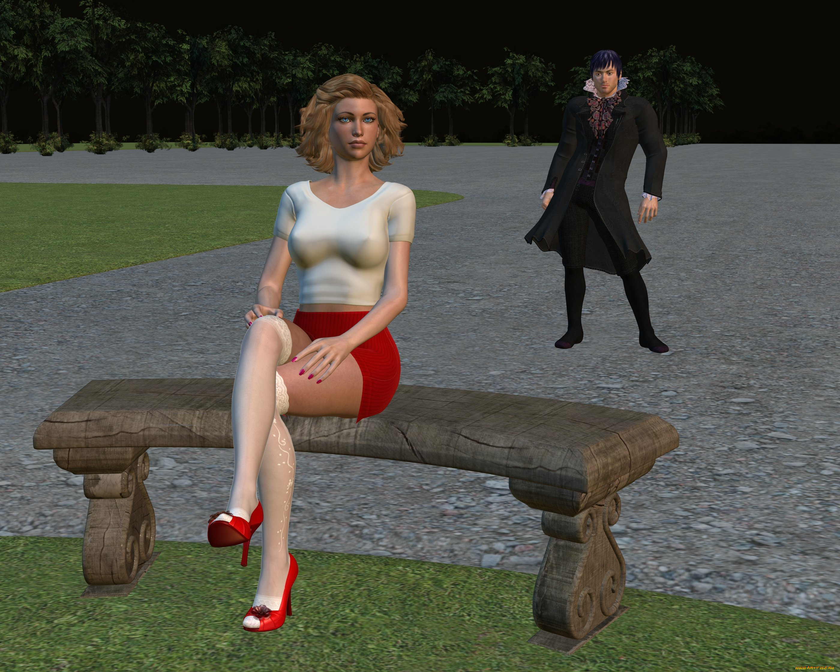 3д, графика, people, , люди, скамейка, девушка, парень