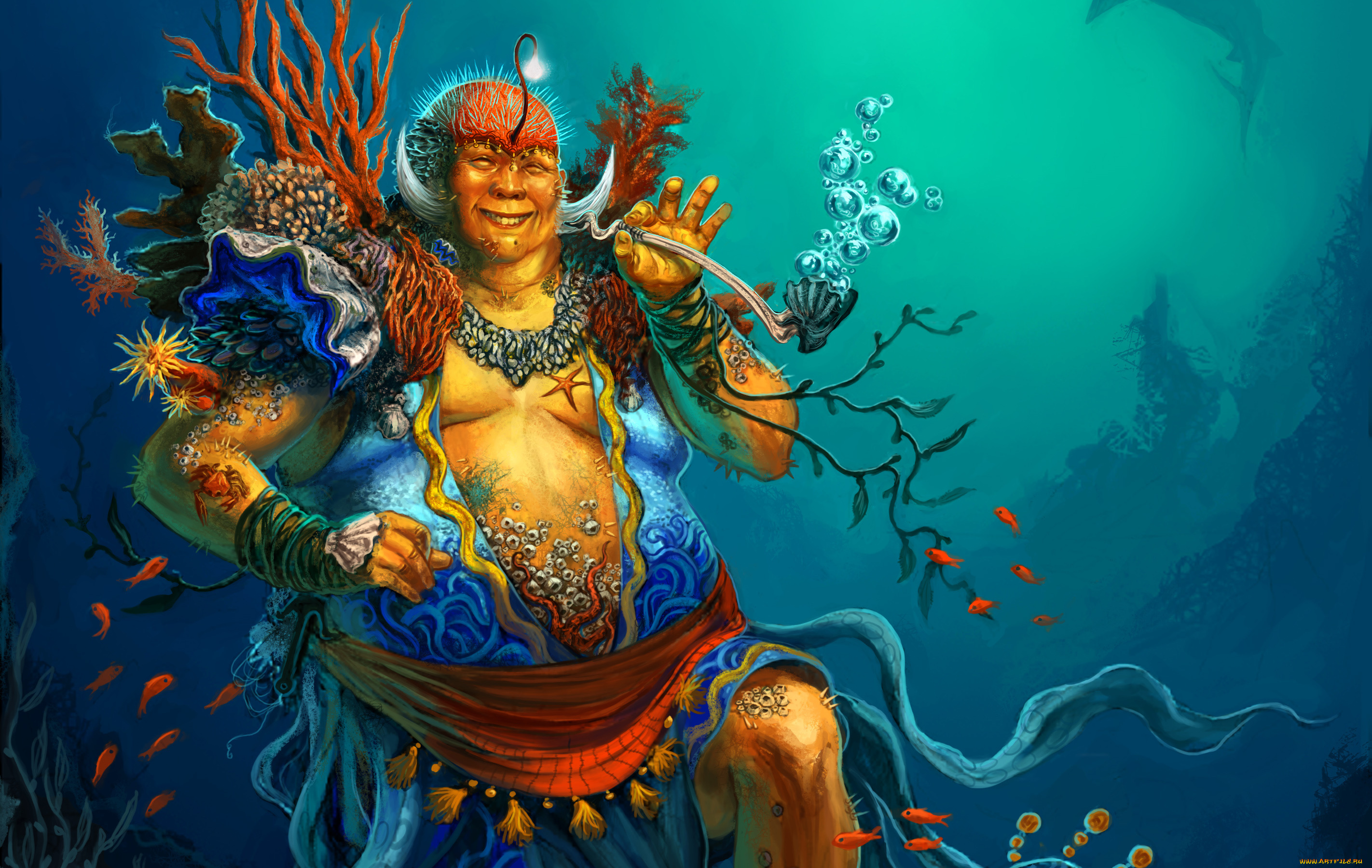 фэнтези, существа, вода, пузыри, кораллы, ракушки