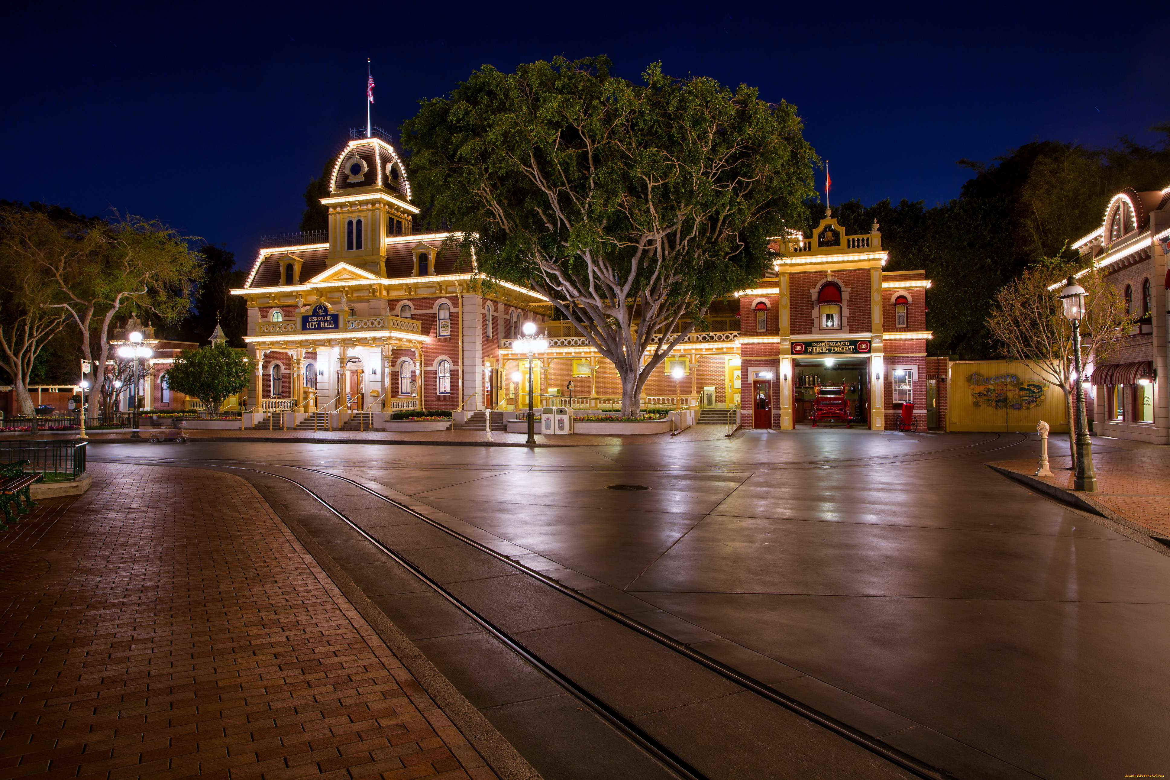города, диснейленд, фонари, парки, ночь, дороги, сша, калифорния, анахайм, дизайн, hdr