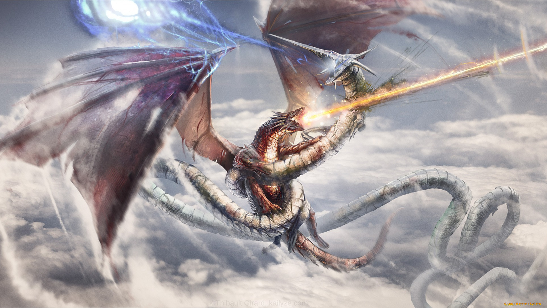 фэнтези, драконы, фантастика, змей, арт, небо, дракон, битва, бой