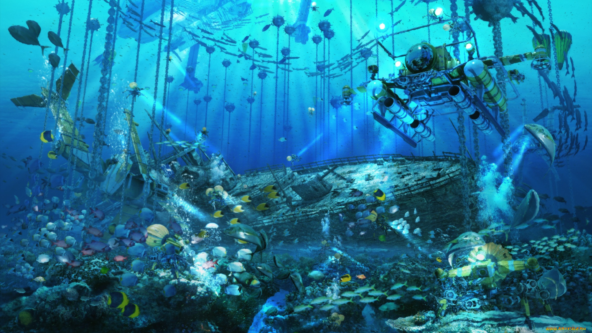 фэнтези, корабли, самолёт, рыбы, корабль, бомбы, цепи, вода, море