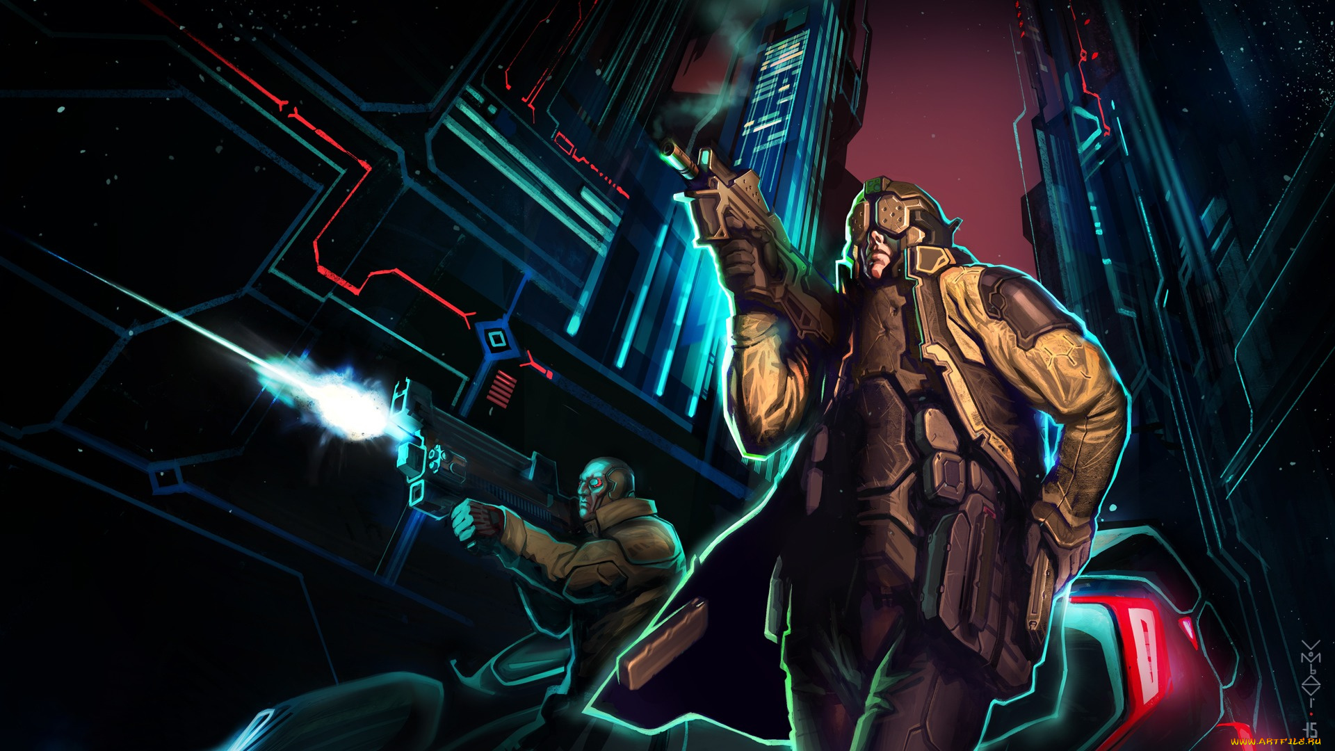 фэнтези, люди, киборг, бой, город, улица, киберпанк, арт, фантастика