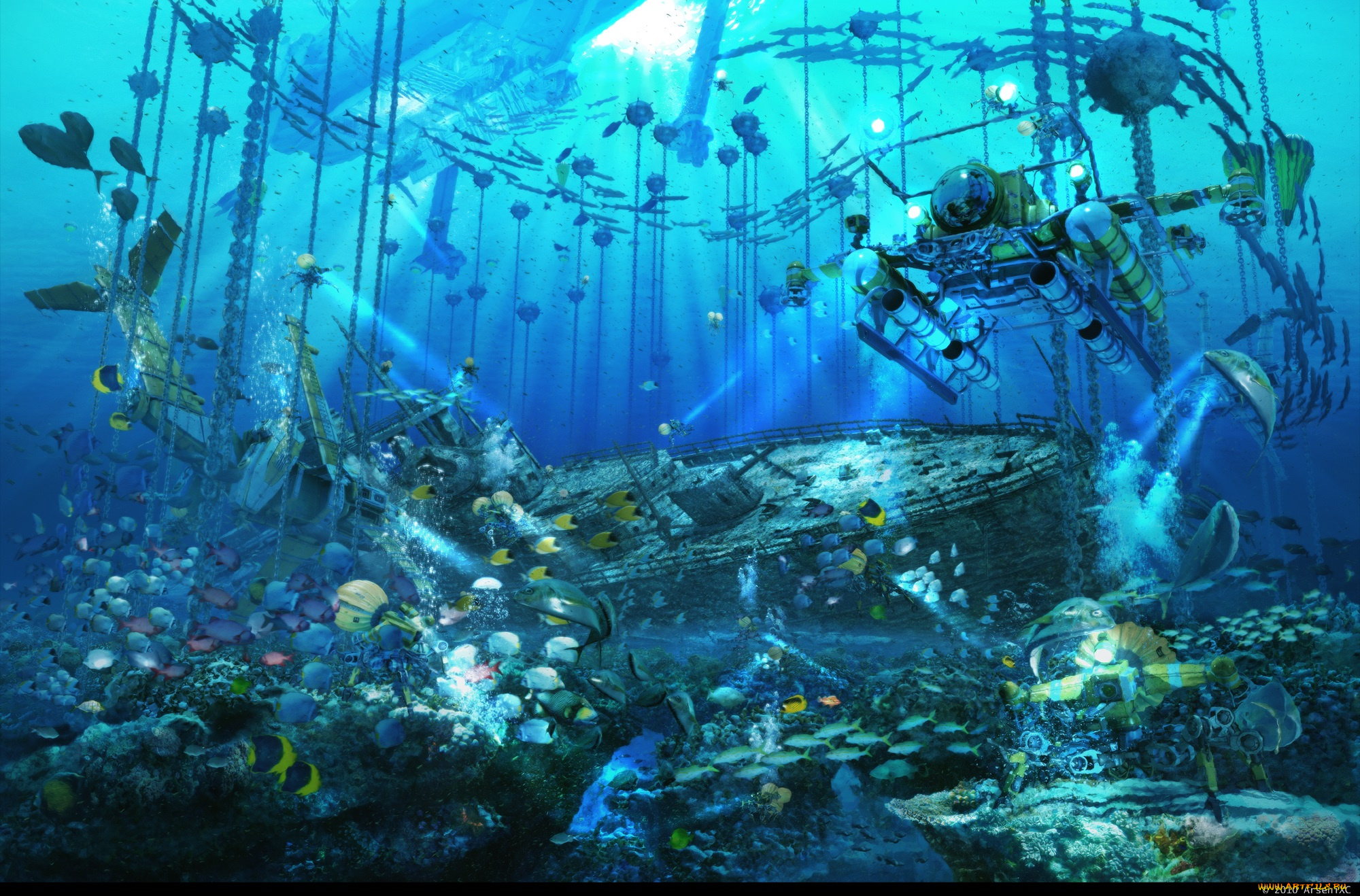 фэнтези, корабли, самолёт, рыбы, корабль, бомбы, цепи, вода, море