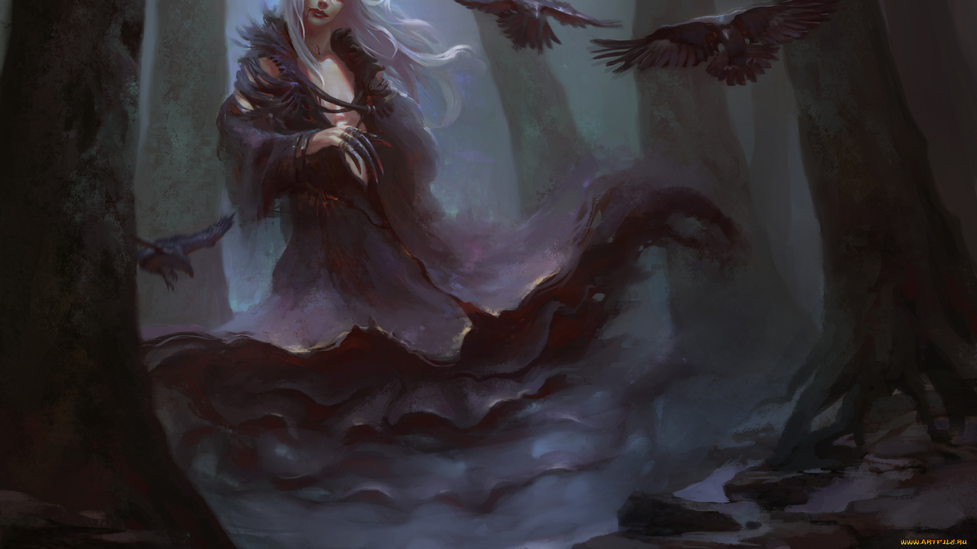 фэнтези, существа, вороны, рога, существо, зима, лес