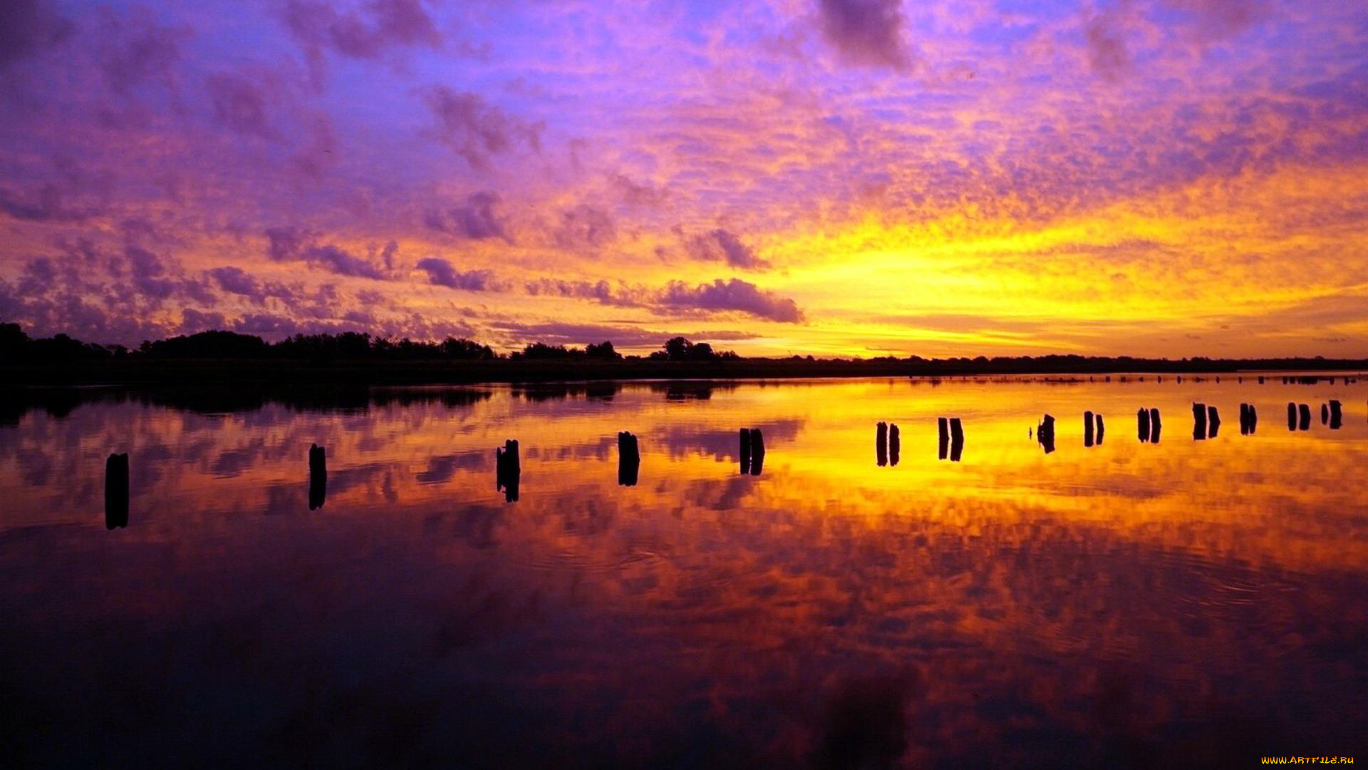 природа, реки, озера, озеро, столбы, закат, облака