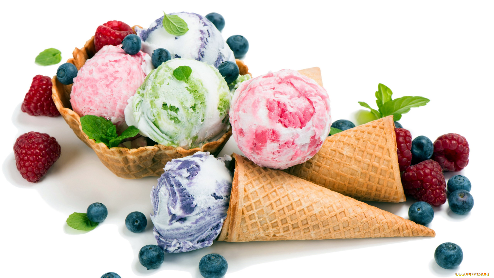 еда, мороженое, , десерты, рожок, вафельный, малина, мята, ассорти