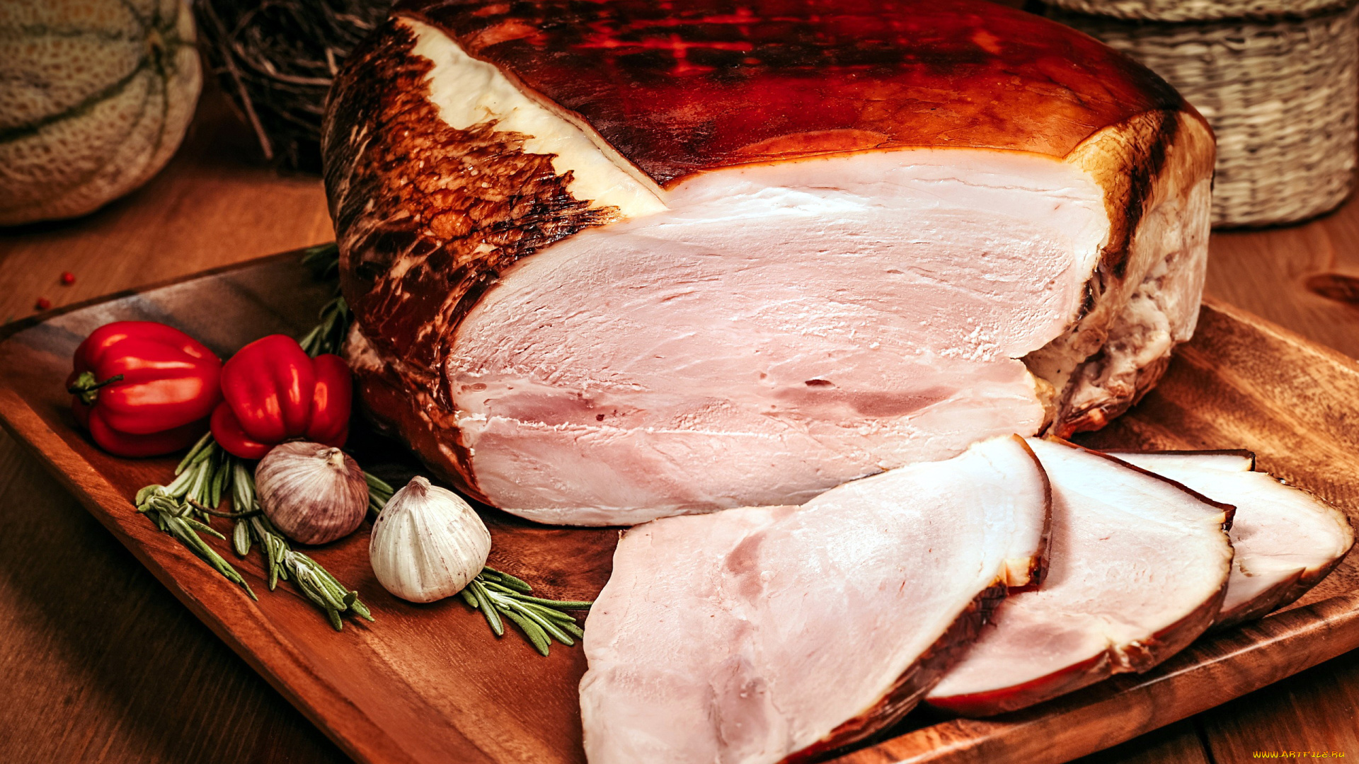еда, мясные, блюда, буженина, чеснок, розмарин