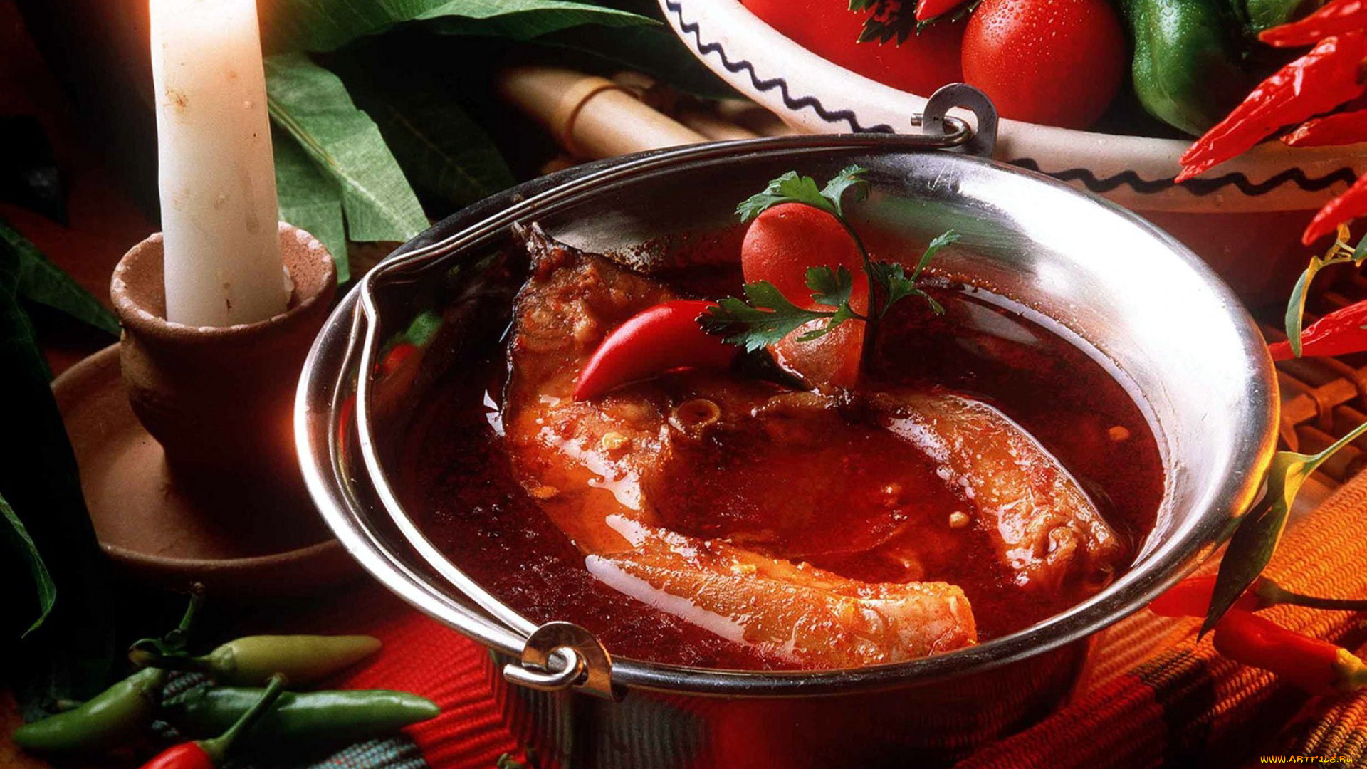 еда, первые, блюда, перец, рыбный, котелок, суп, свеча