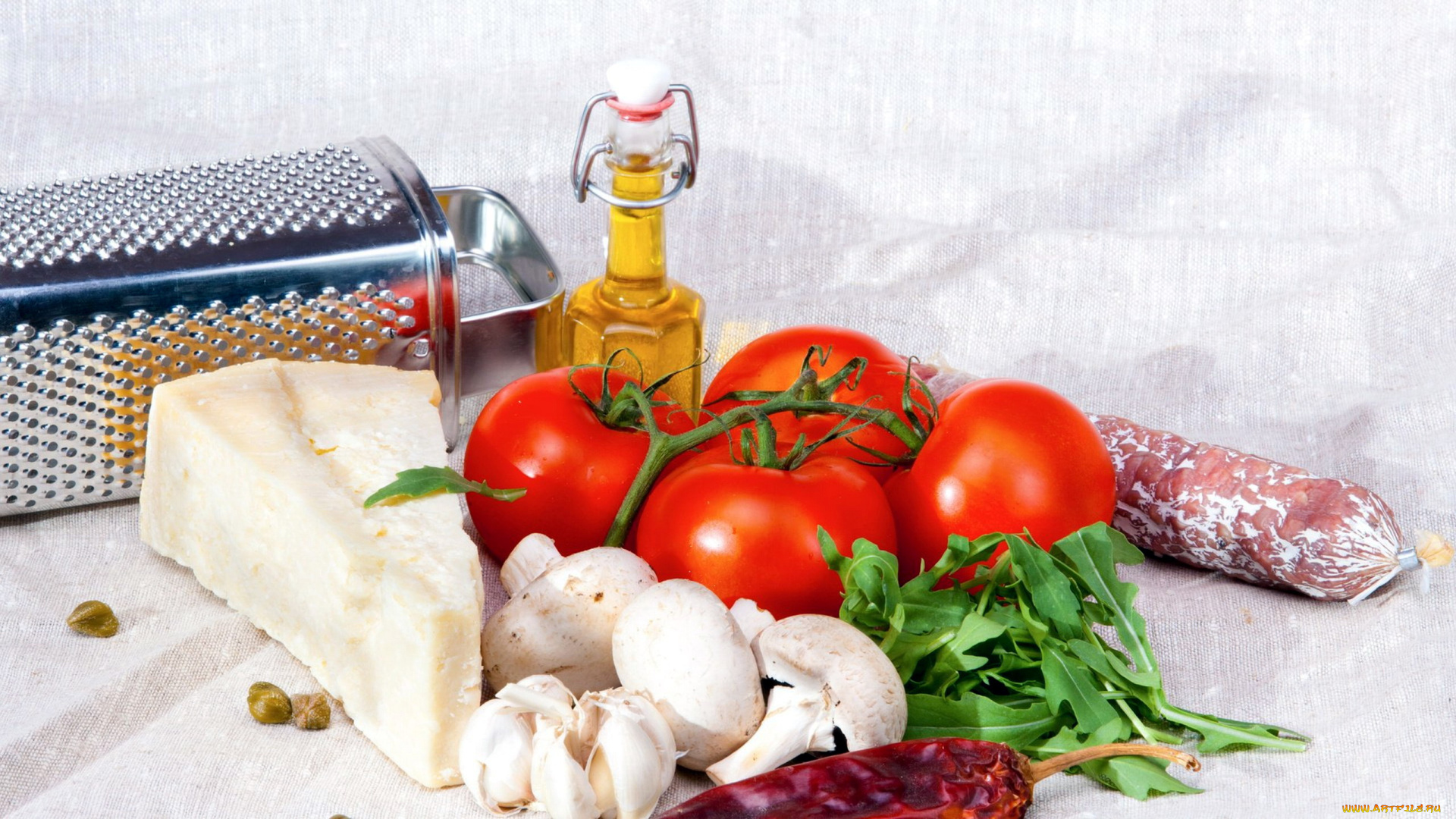 еда, разное, колбаса, помидоры, сыр, шампиньоны, томаты