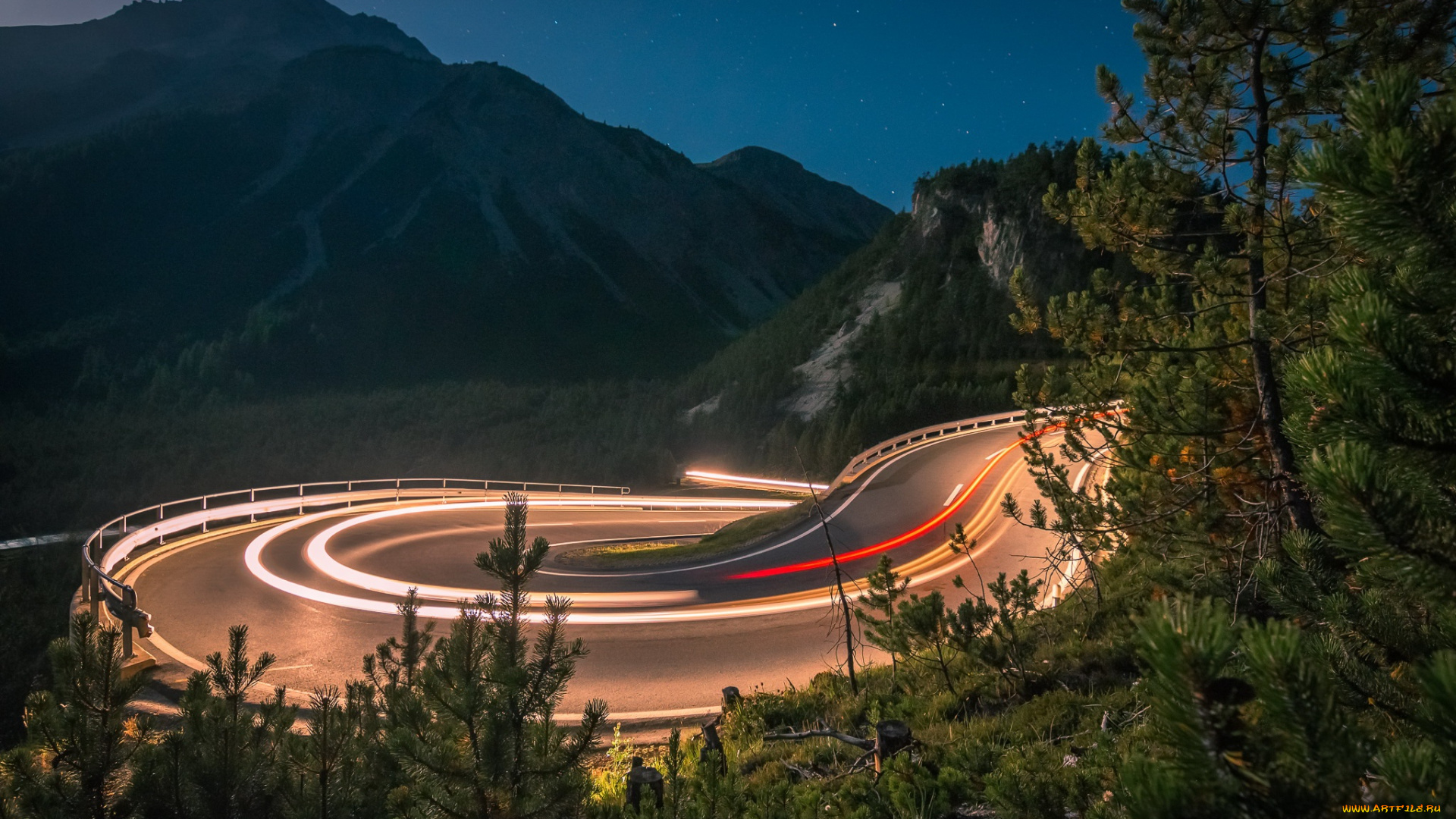 природа, дороги, огни, ночь, дорога, горы