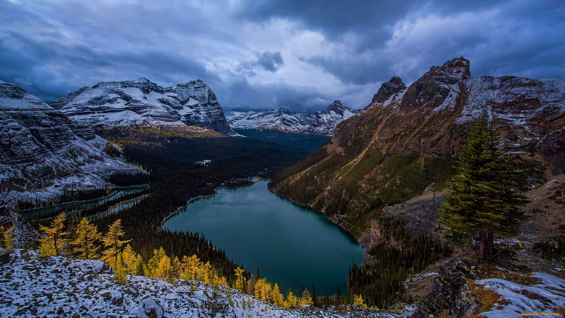 природа, горы, озеро, foliage, earth, пейзаж, snow, mountain, landscape, forest, снег, lake