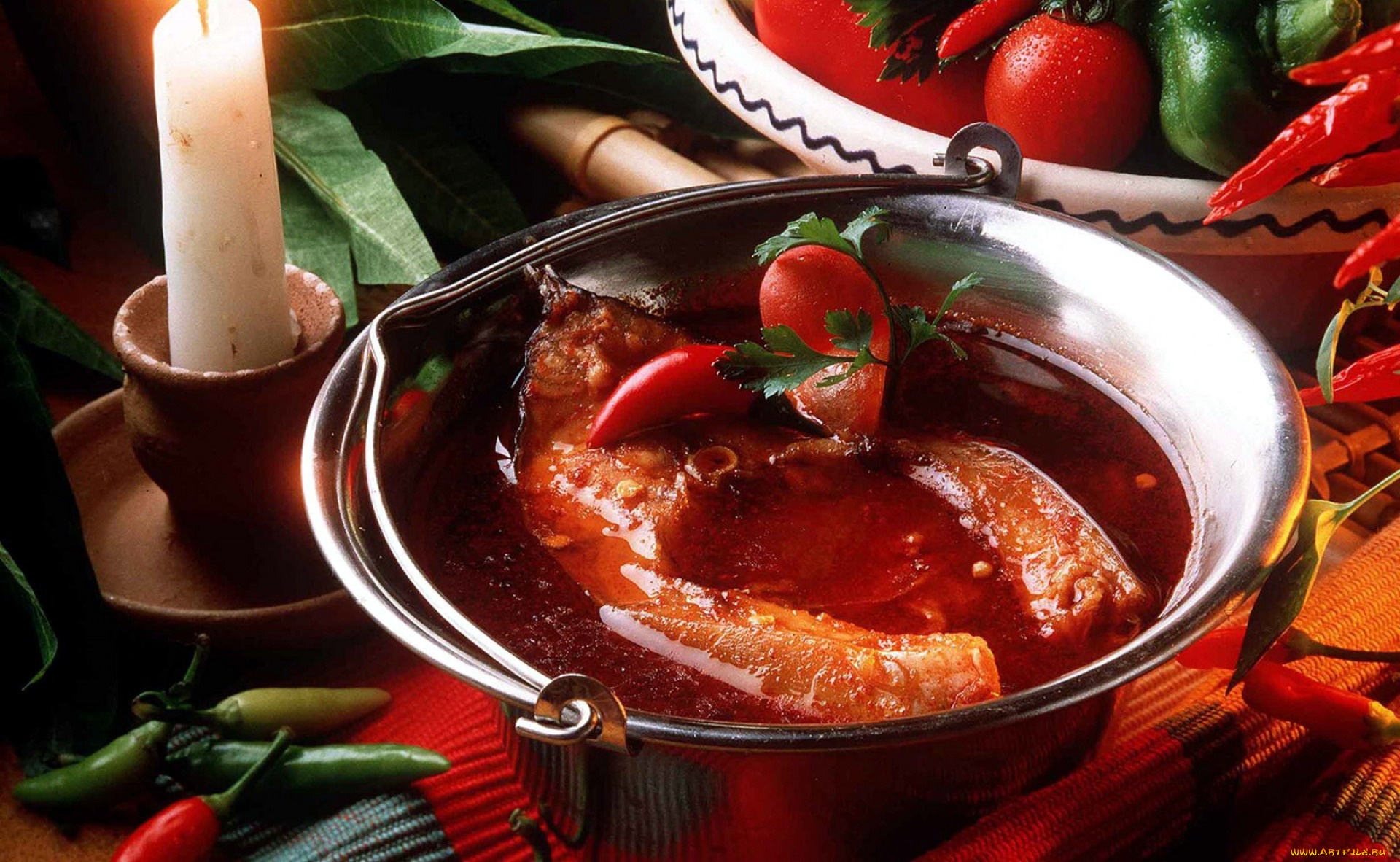 еда, первые, блюда, перец, рыбный, котелок, суп, свеча