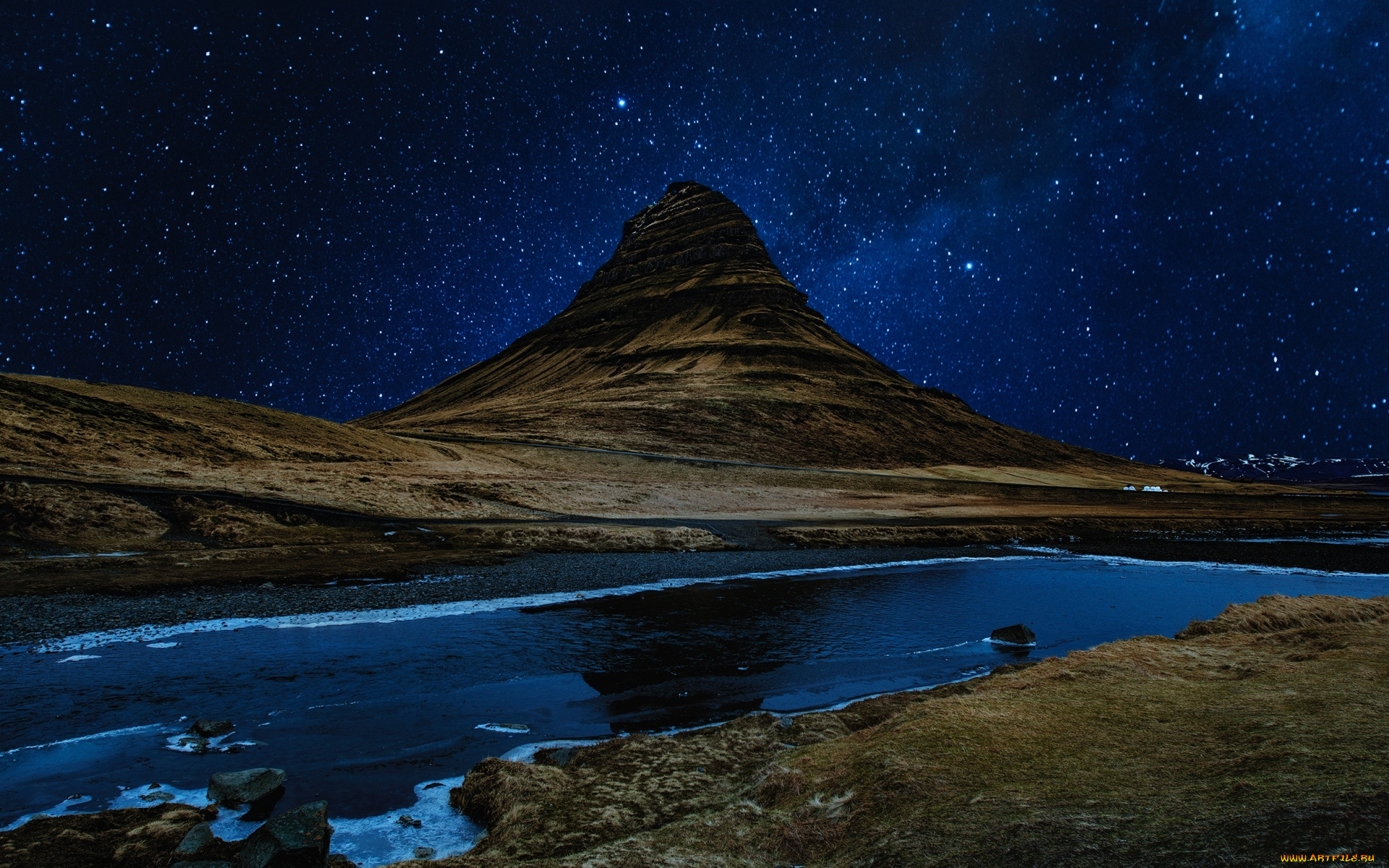 природа, пейзажи, звезды, гора, река, ночь