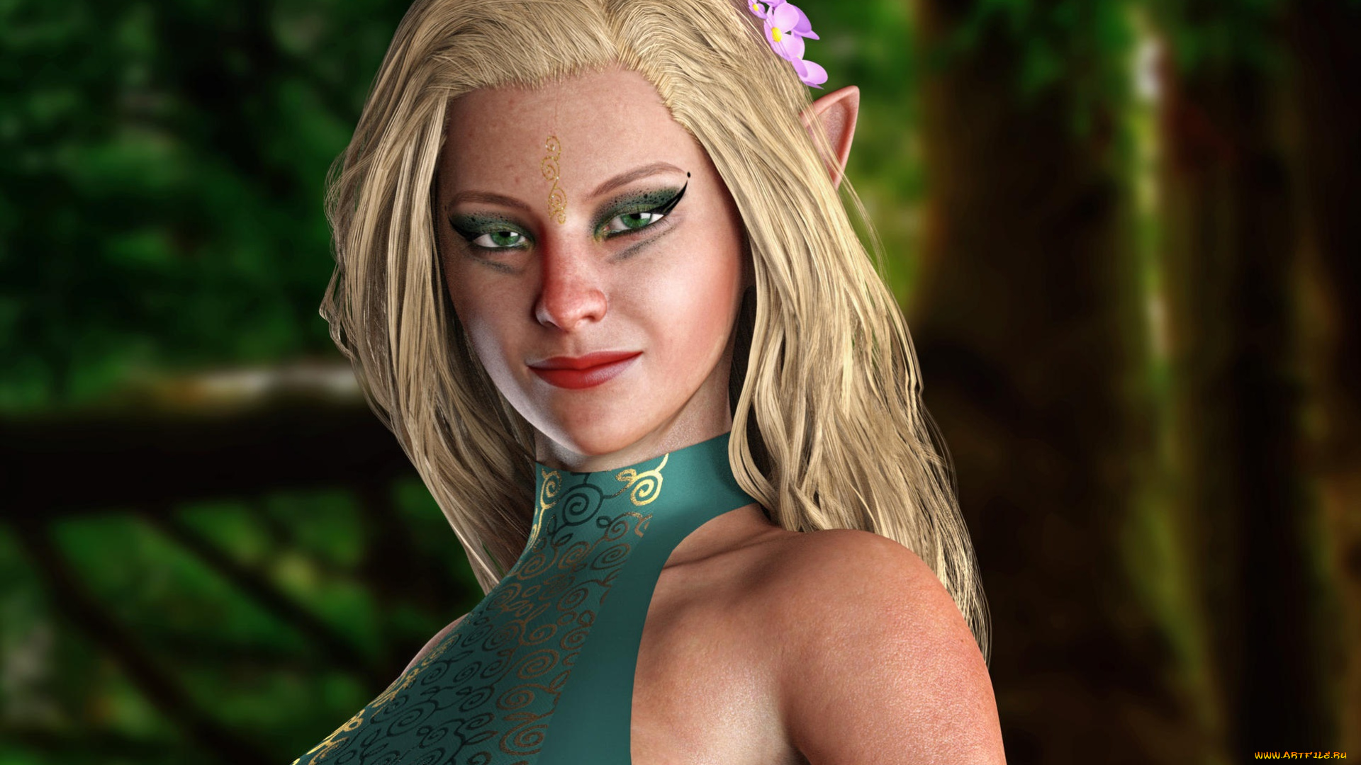 3д, графика, эльфы, , elves, взгляд, фон, эльфийка