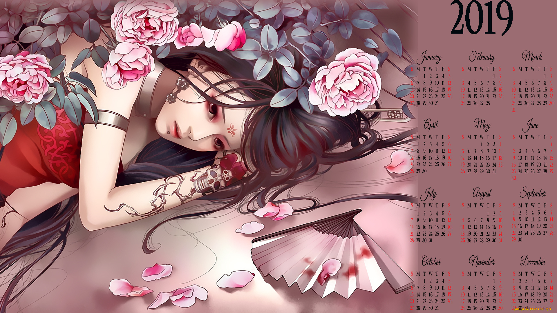календари, фэнтези, цветы, девушка, тату, веер