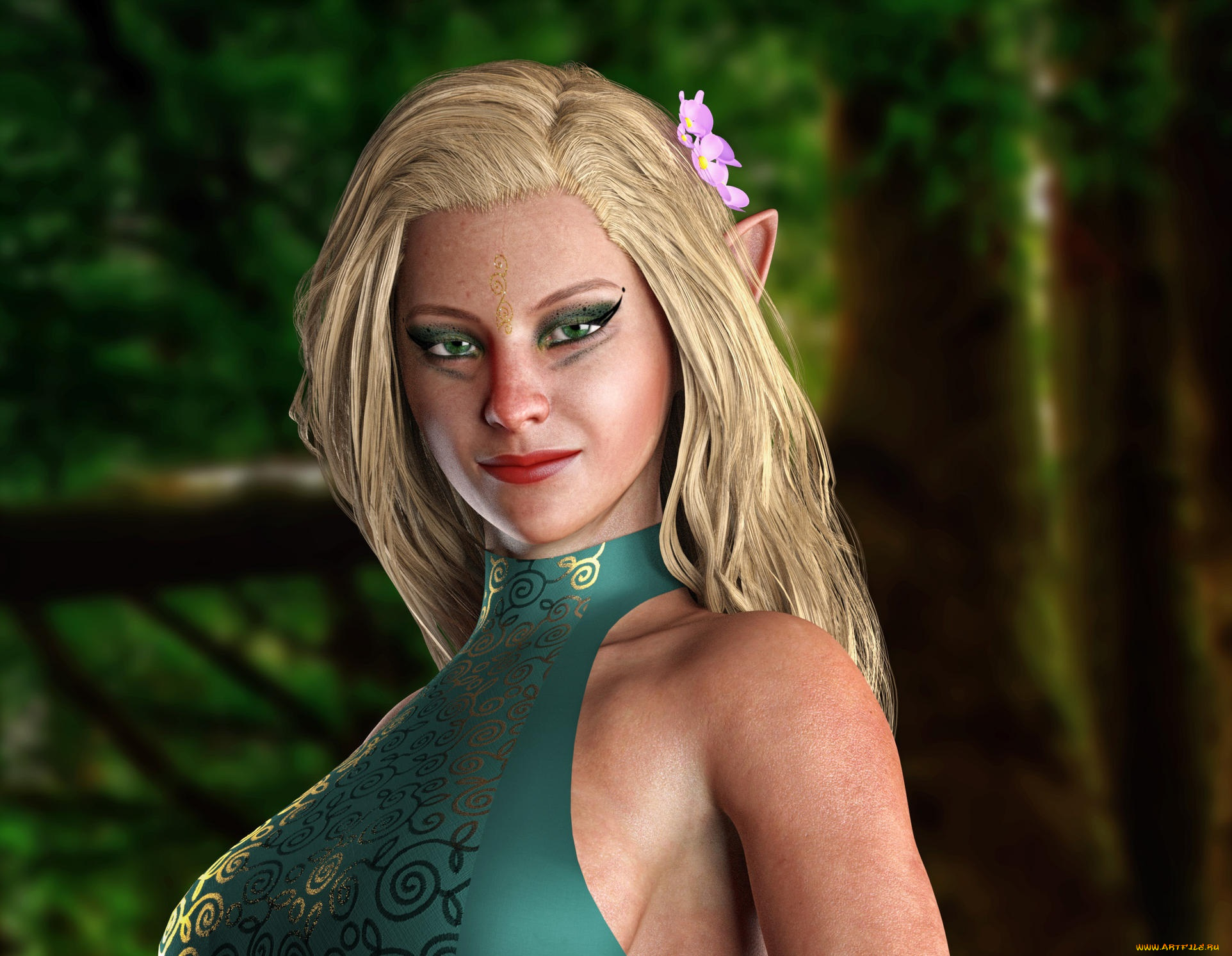 3д, графика, эльфы, , elves, взгляд, фон, эльфийка