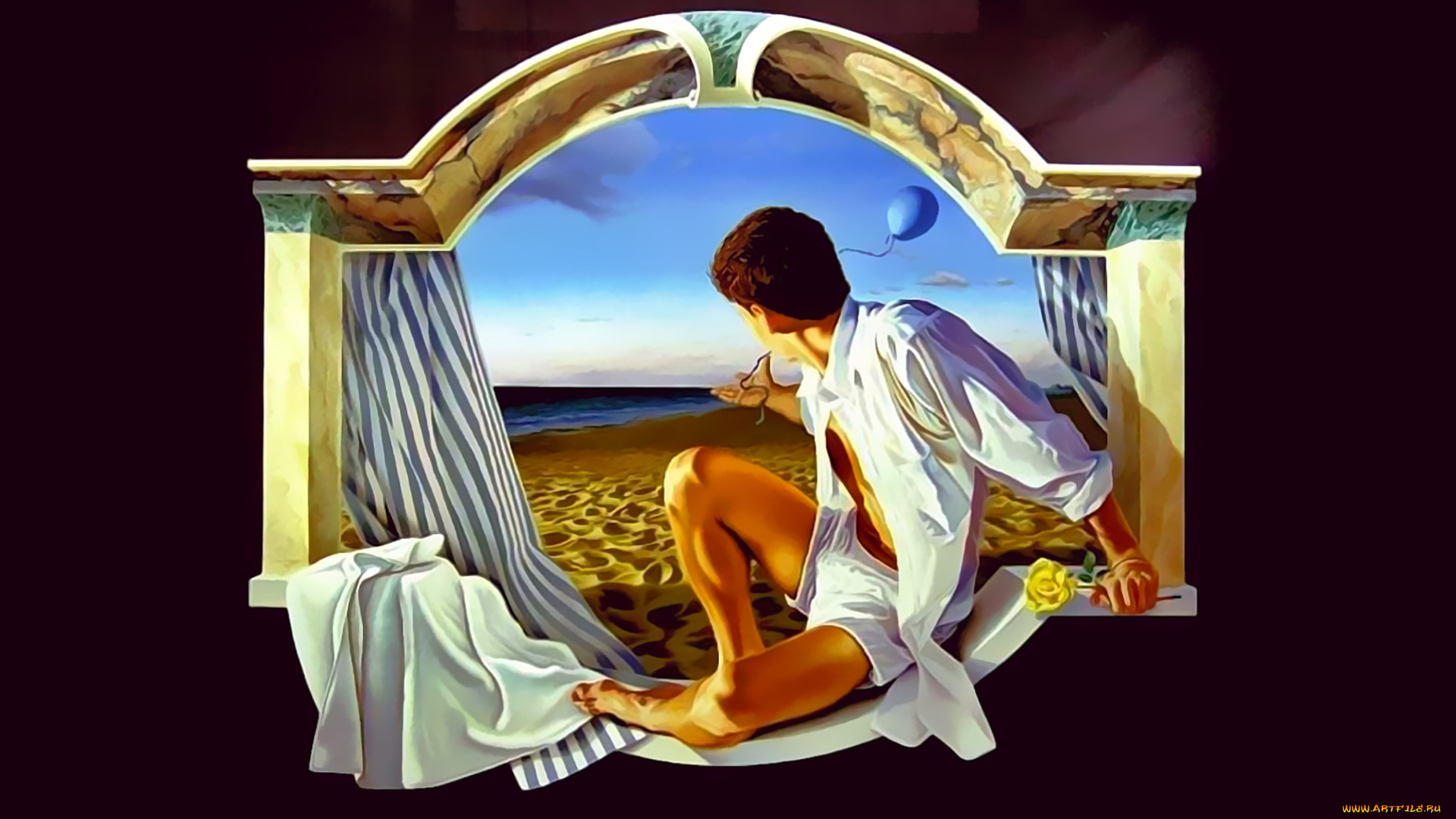 календари, фэнтези, 2019, calendar, шар, окно, водоем, мужчина, песок