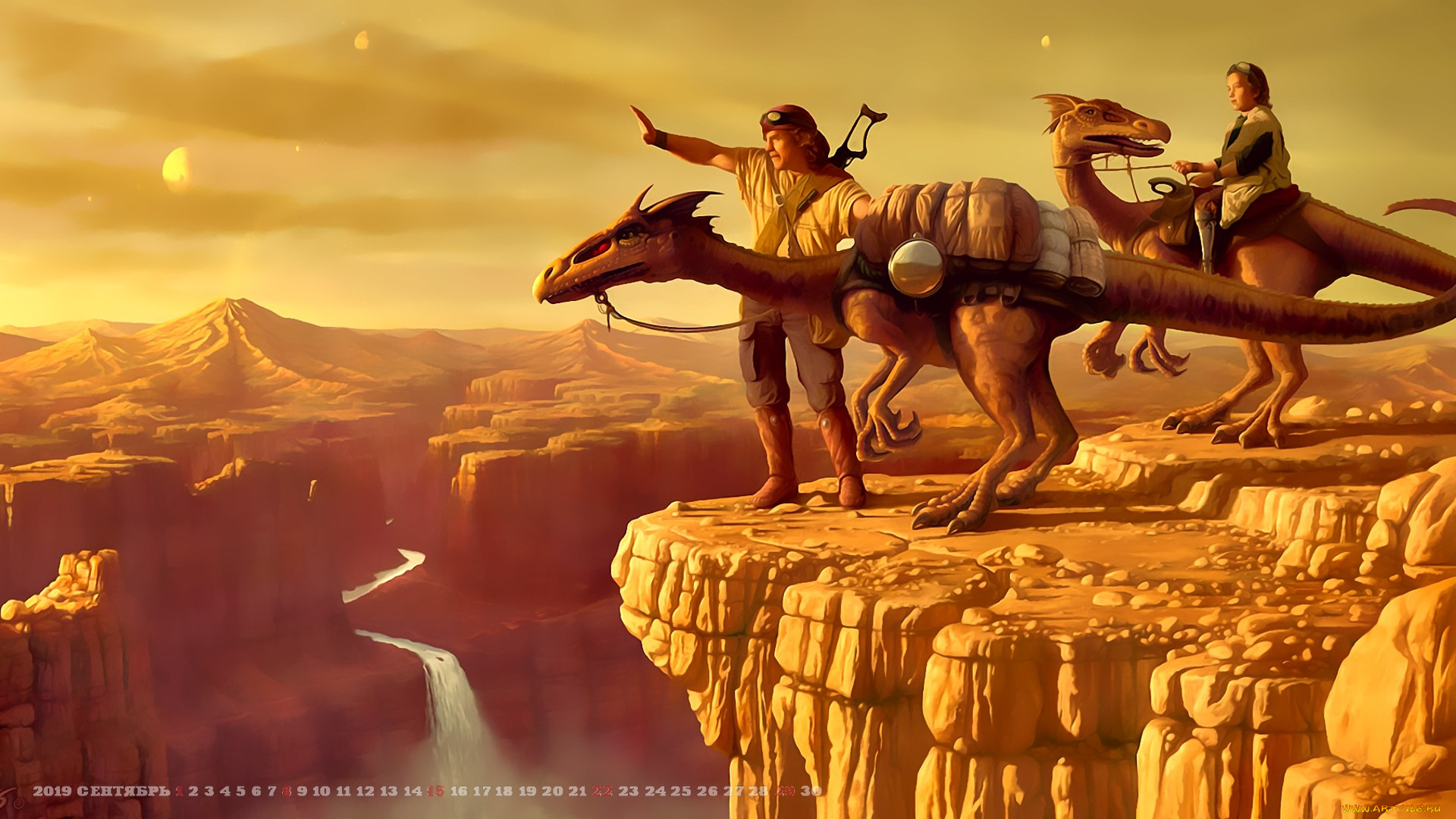 календари, фэнтези, человек, природа, водопад, calendar, 2019, мужчина, динозавр, животное