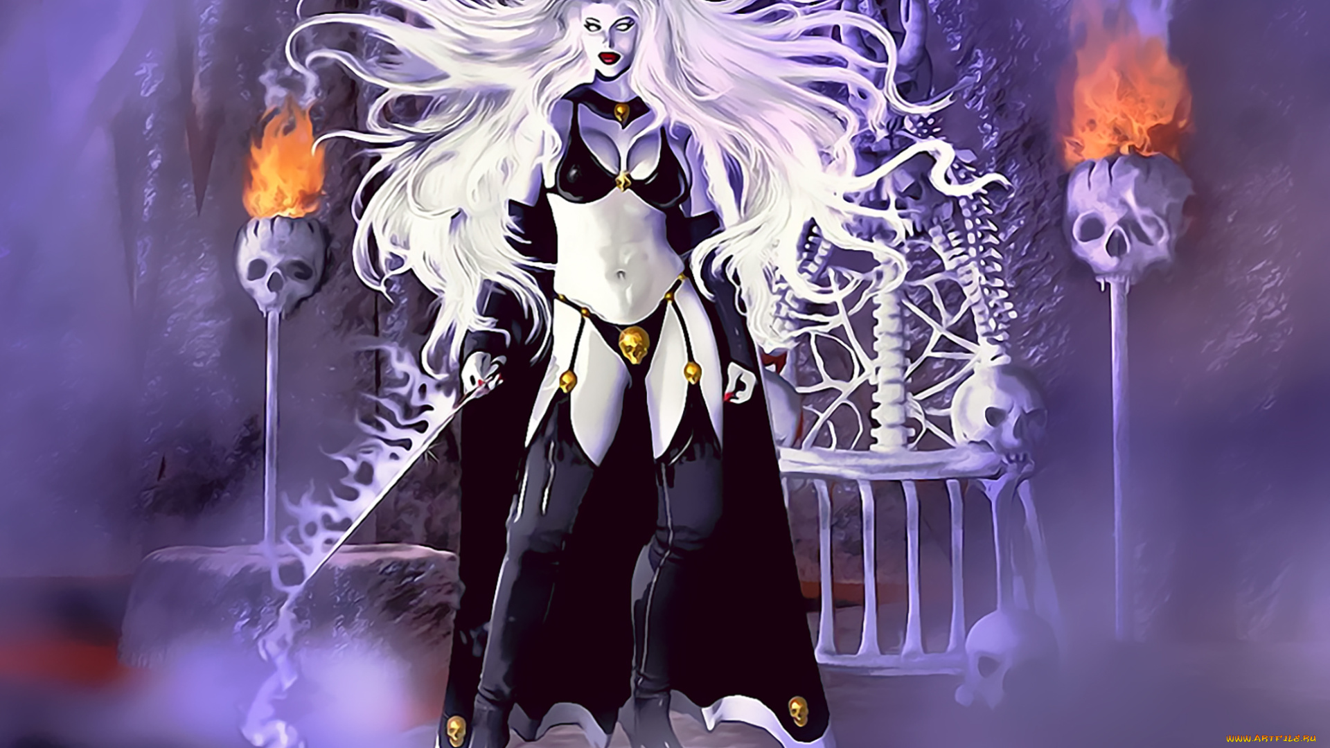 календари, фэнтези, девушка, череп, огонь, 2019, calendar, блондинка, женщина