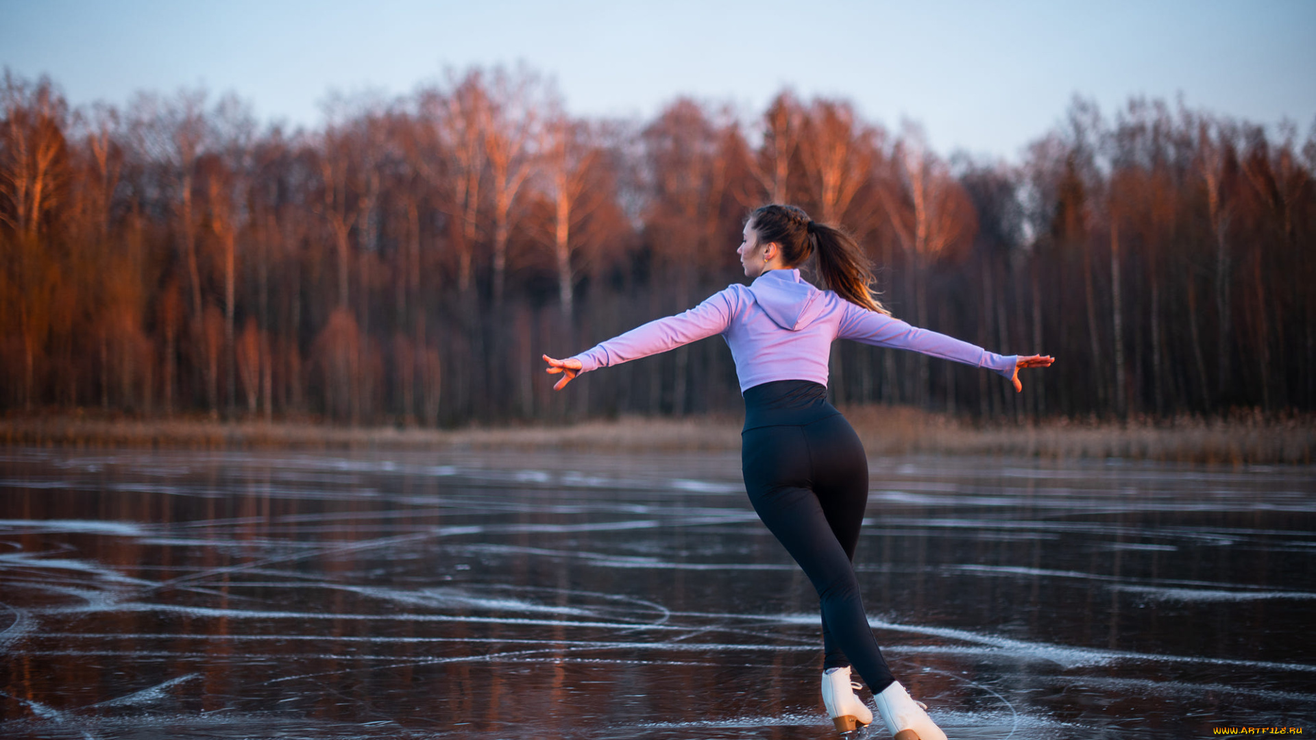 спорт, конькобежный, спорт, свитер, замерзшее, озеро, модель, брюнетка, природа, танец, лед, конский, хвост, коньки, леггинсы
