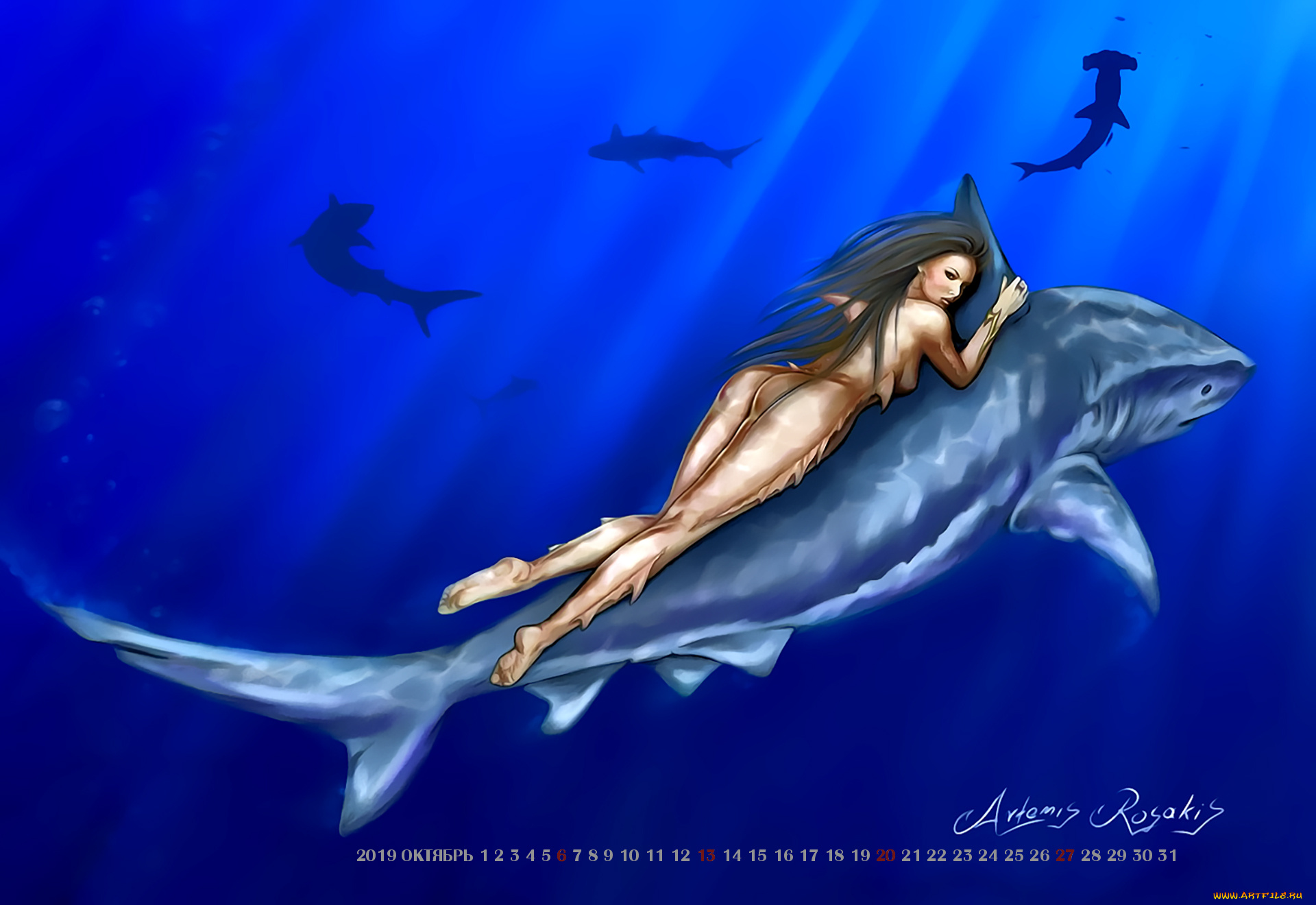 календари, фэнтези, 2019, водоем, женщина, calendar, акула, девушка, существо
