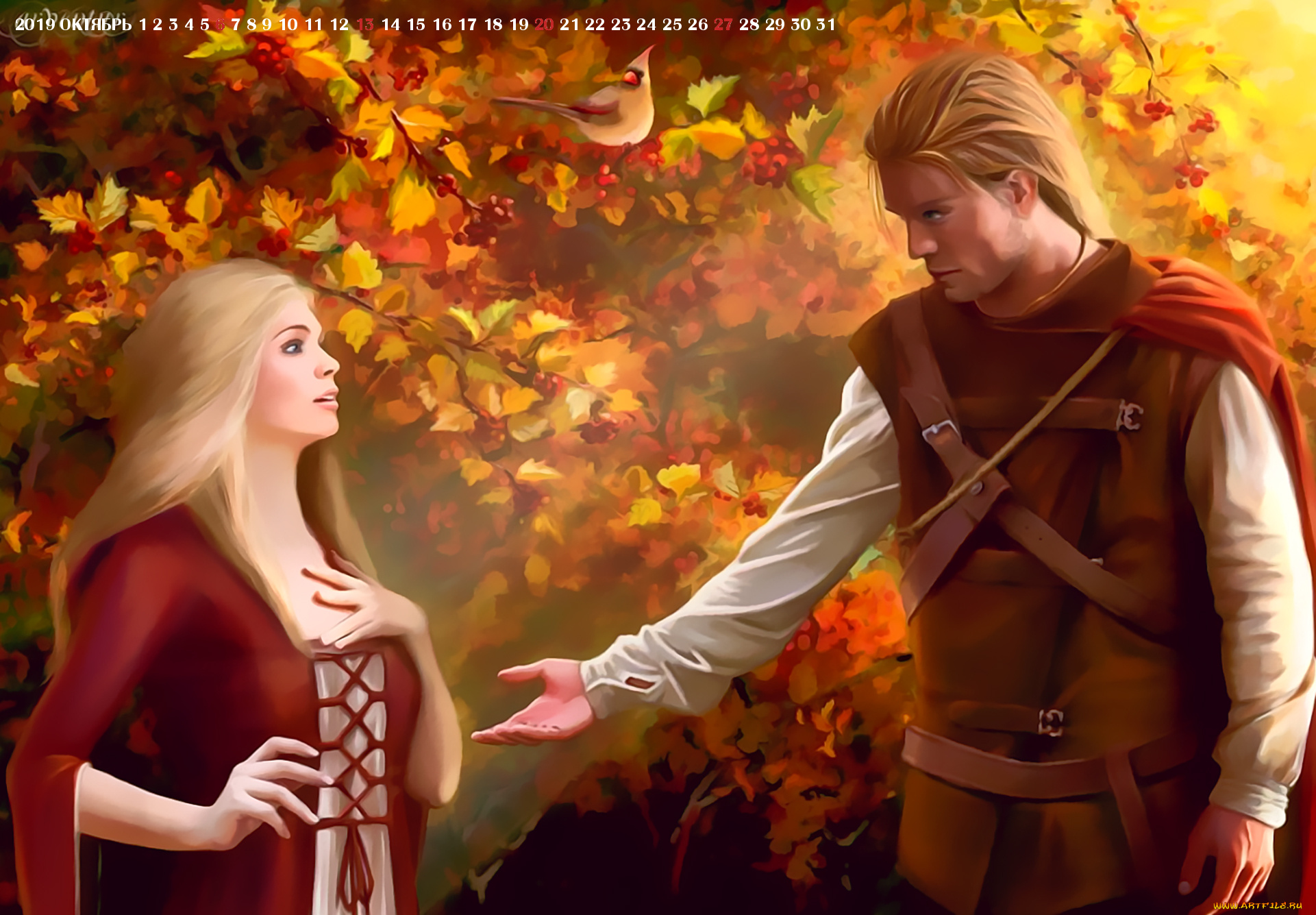 календари, фэнтези, девушка, осень, 2019, calendar, природа, женщина, мужчина, листья