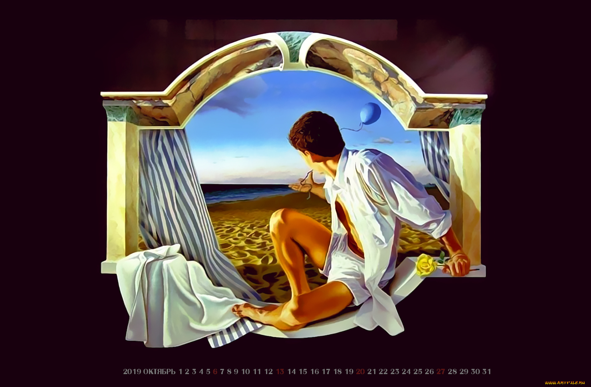 календари, фэнтези, 2019, calendar, шар, окно, водоем, мужчина, песок