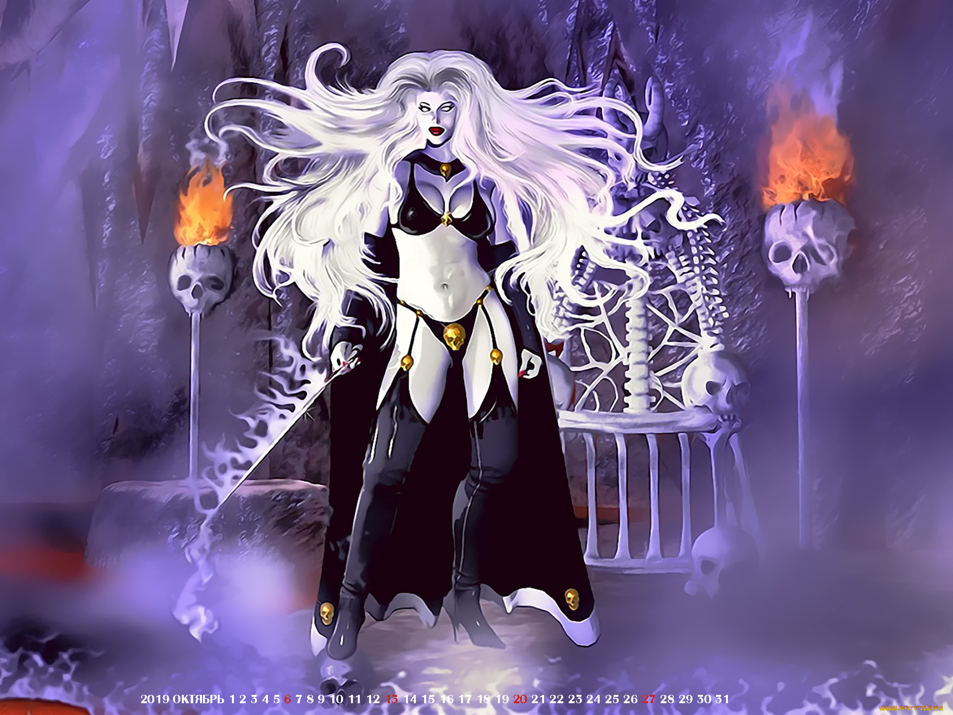 календари, фэнтези, девушка, череп, огонь, 2019, calendar, блондинка, женщина