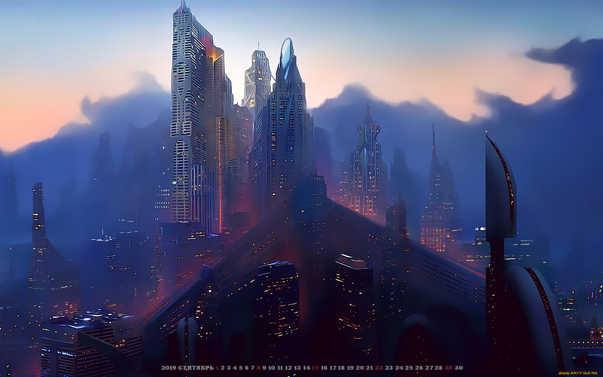 календари, фэнтези, 2019, calendar, ночь, здание, небоскреб, город