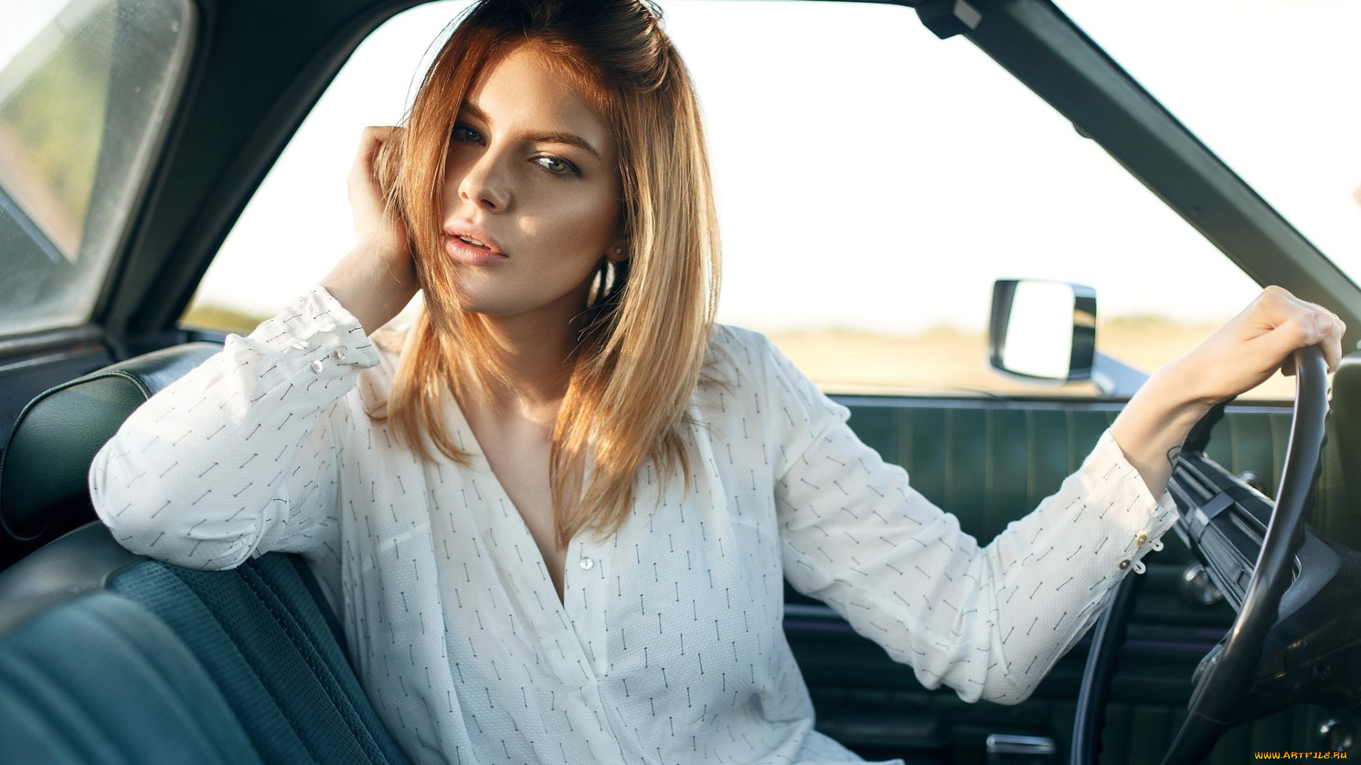 девушки, -, блондинки, , светловолосые, рыжие, волосы, белая, блуза, руль, салон